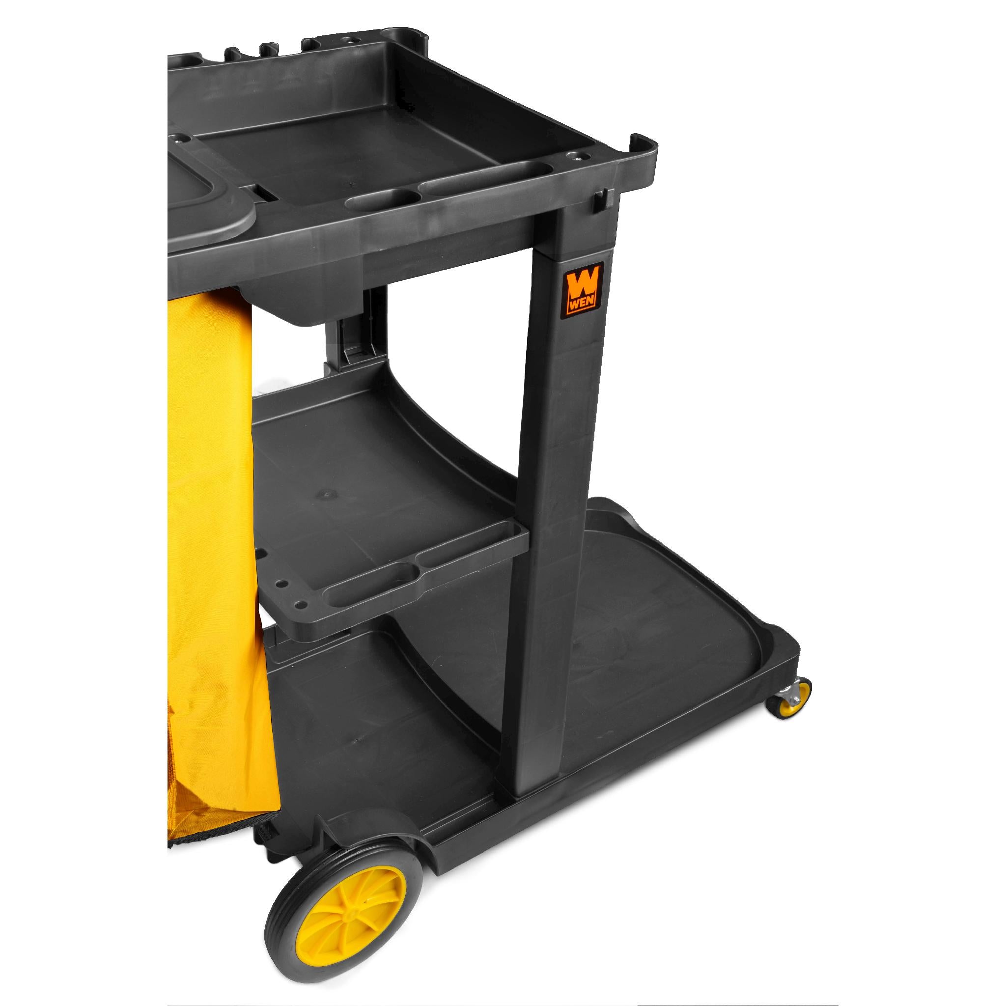 WEN 73033 Commercial Janitorial Cart with 3 Heavy-Duty Shelves & 25 Gallon Vinyl Trash Bag - Ideal for Office Cleaning, Hotel Housekeeping & School Maintenance