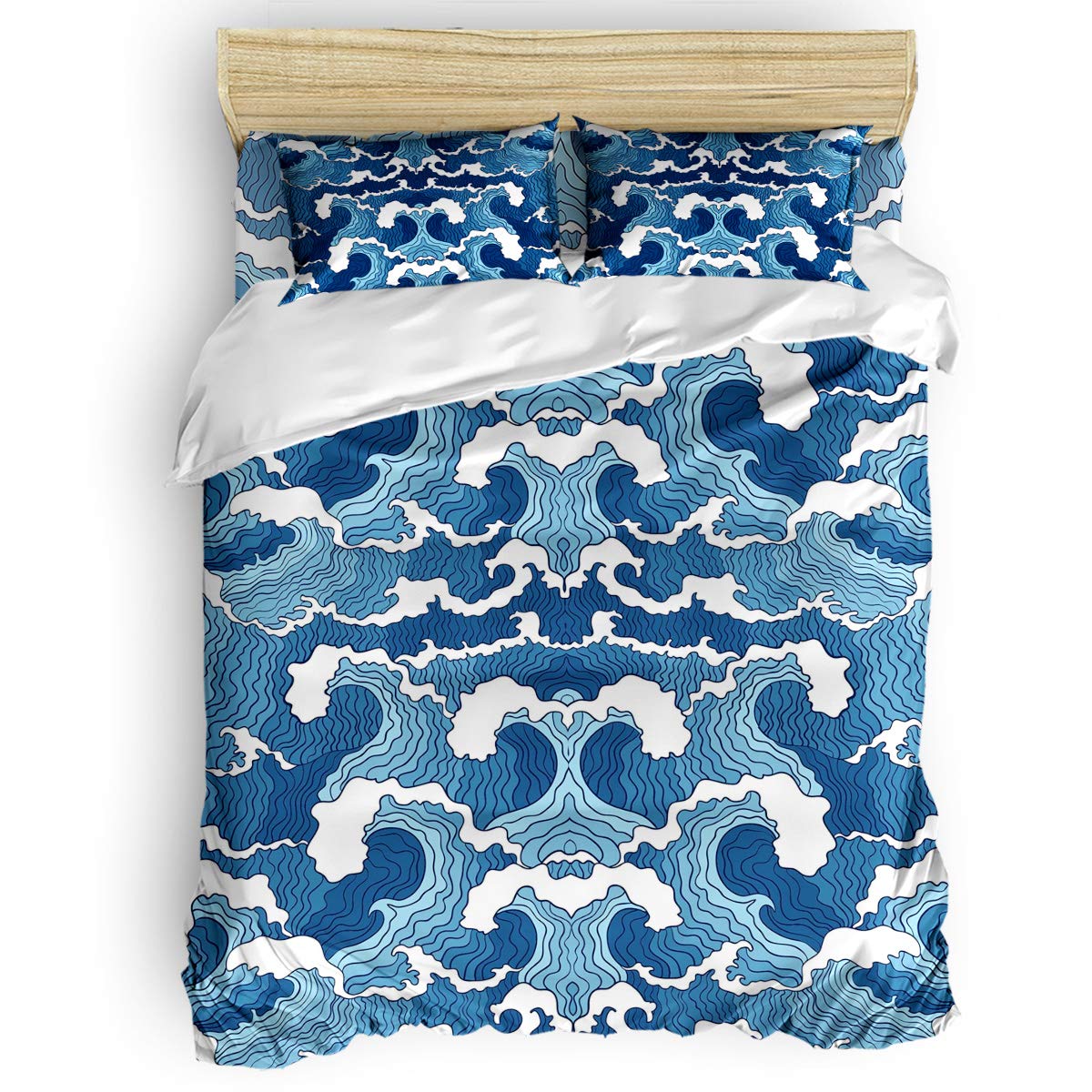 4-Piece Lightweight Microfiber Duvet Cover Set with Zipper Closure - Full Size Blue Abstract Sea Wave Design (Includes 1 Duvet Cover & 2 Pillow Shams) - Soft Bedding Set for Comfortable Sleep & Stylish Home Decor