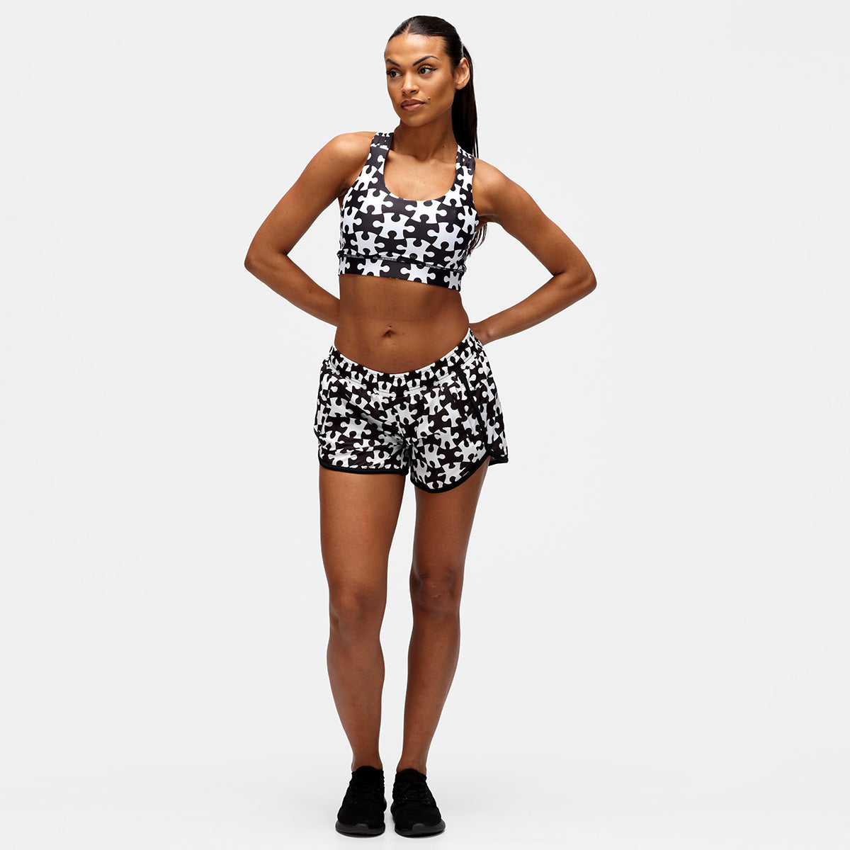 Monochrome Jigsaw Loose Fit Workout Shorts for Women - Breathable Gym Running Yoga Athletic Shorts - Perfect for Fitness, Lounge & Summer Activities