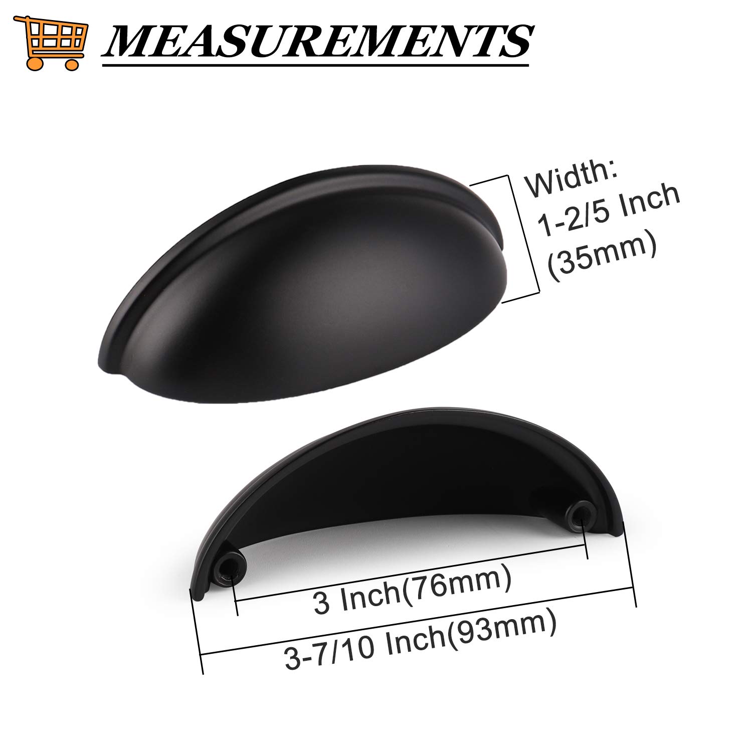 Probrico 20 Pack 3 Inch Black Cabinet Drawer Pulls - Half Moon Cup Handles for Kitchen Cabinets, Dressers & Furniture (3