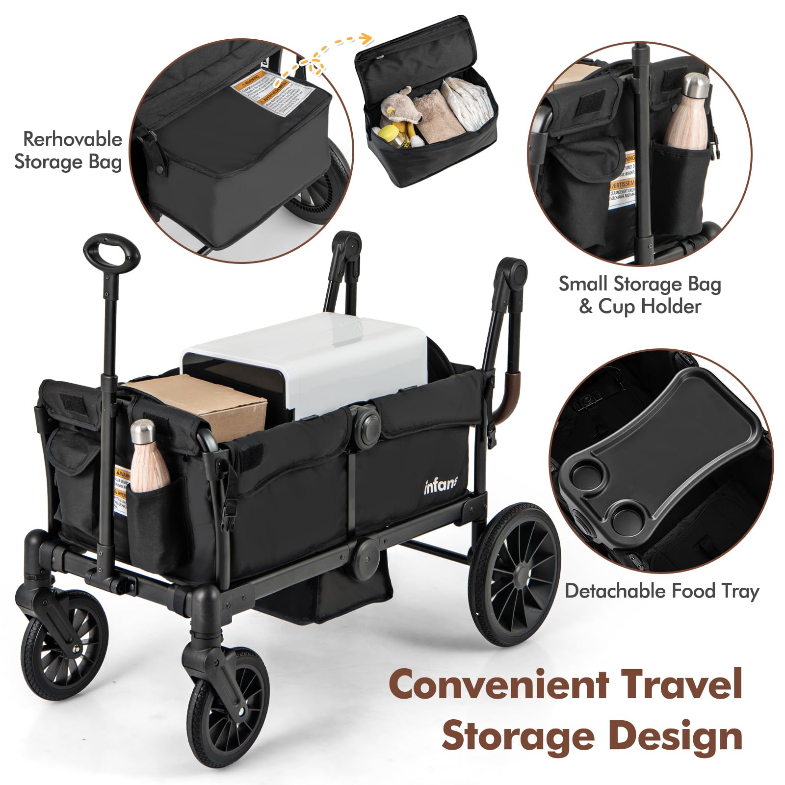 INFANS 2-in-1 Collapsible Stroller Wagon for Kids - Adjustable Push/Pull Handle, Removable Canopy & Snack Tray, Comfortable Upholstered Seats with Drop-Down Footwell - Perfect for Family Outings, Beach Trips and Park Adventures
