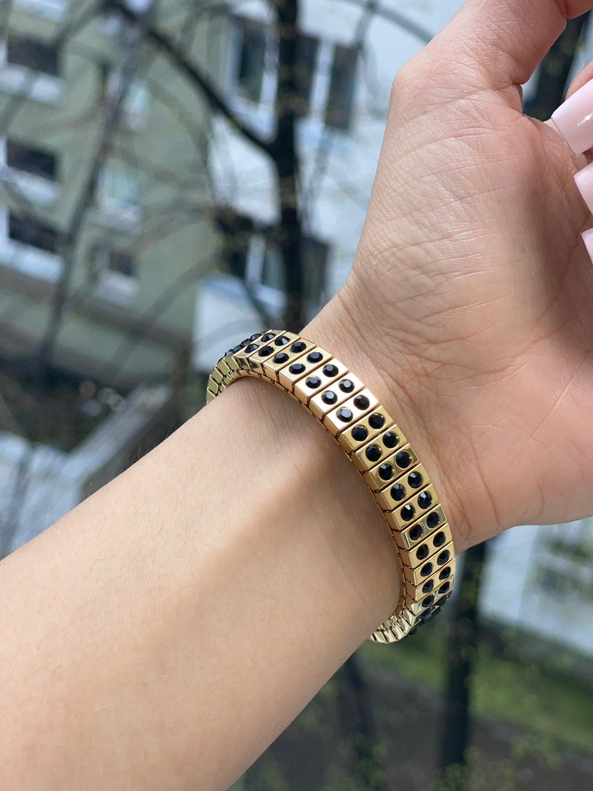 2ct Handmade Black Onyx Stretch Bracelet for Women - Artisan Onyx Gemstone Bangle, 24k Gold Plated, Elegant Formal Jewelry Gift for Mom, Mother of the Bride, Wedding Party - Perfect for Evening Events, Special Occasions & Gift Giving