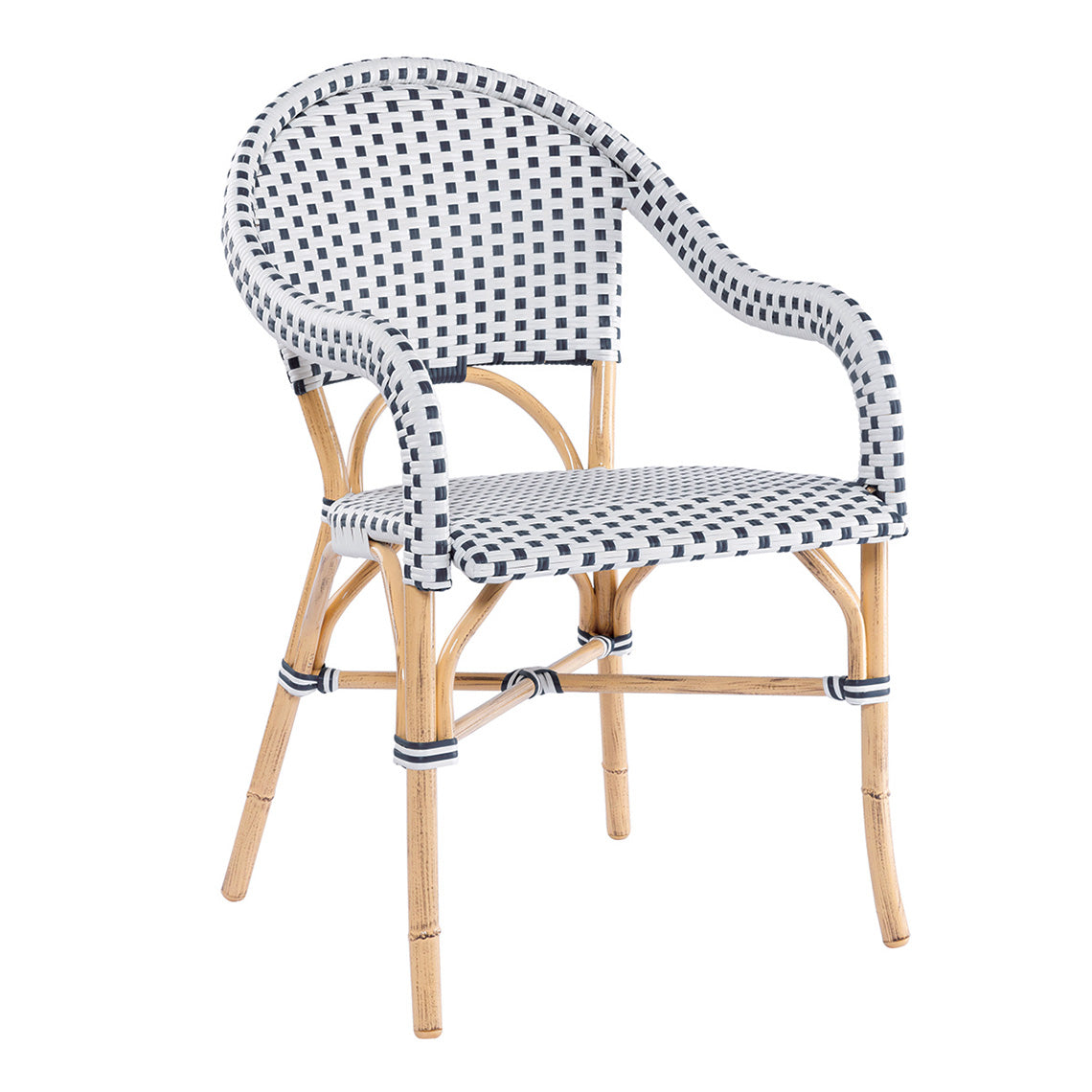 Rattan Cafe Dining Armchair Set of 2 - White & Navy Wicker Chairs for Patio, Bistro, or Breakfast Nook | Indoor Outdoor Use