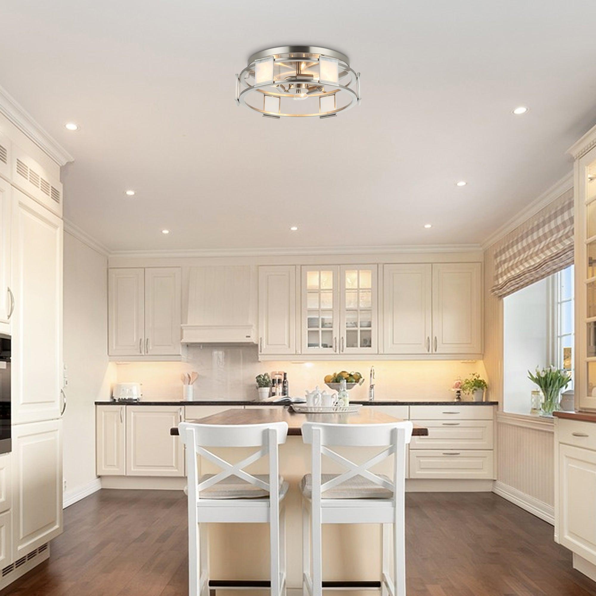 15 Inch Satin Nickel 3-Light Flush Mount Ceiling Fixture - Industrial Style Lighting for Kitchen, Bedroom, or Hallway