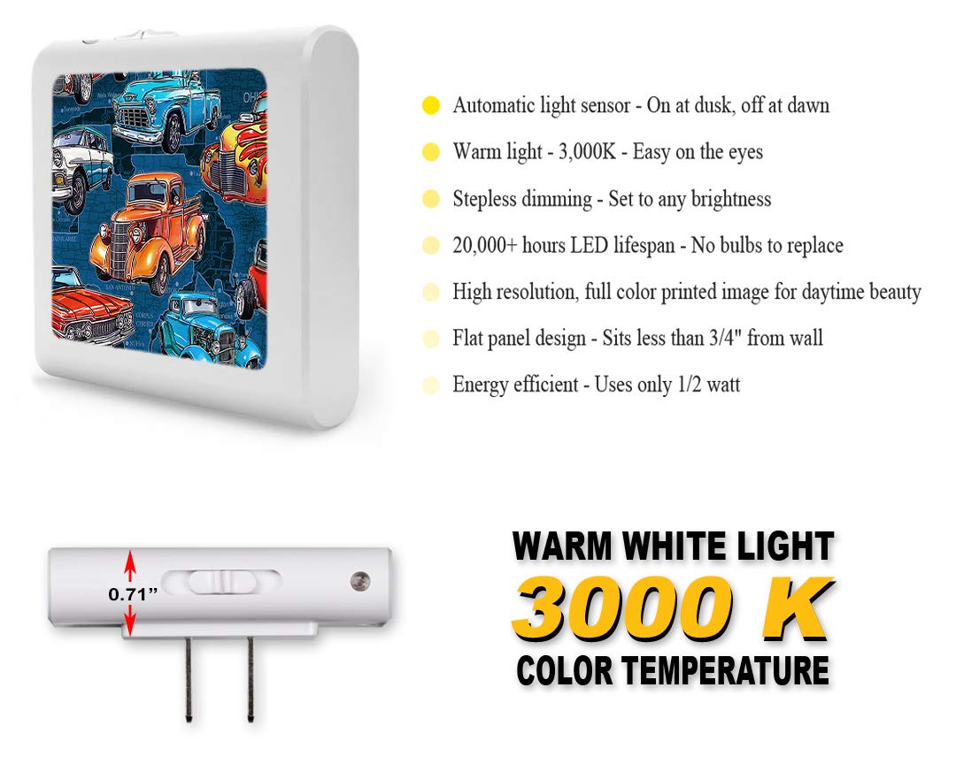 Dimmable LED Night Light with Auto On/Off Sensor, Adjustable Brightness & Warm White Light for Bathroom, Hallway, Nursery, Bedroom - Hot Rod Trucks Design by Dan Morris - Perfect for Kids' Rooms, Stairways & Safe Nighttime Navigation