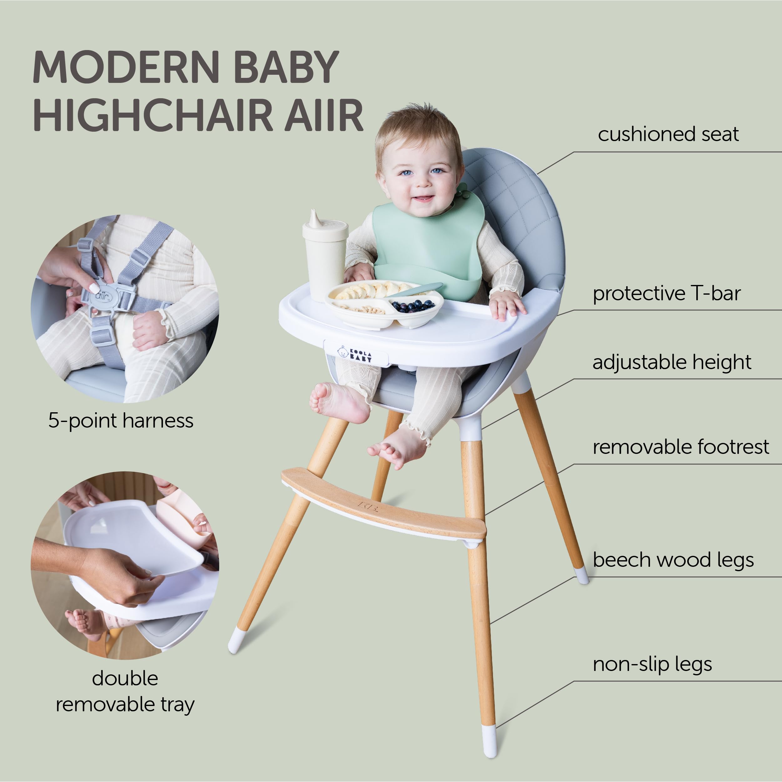 KoolaBaby Convertible Wooden High Chair for Babies & Toddlers - Adjustable Height, Dishwasher Safe Tray - Wooden Feeding & Dining Chair Converts to Booster Seat - Perfect for Home, Kitchen & Restaurant Use