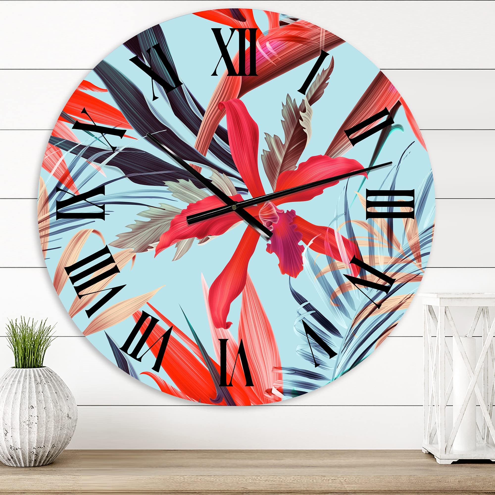 DesignQ Tropical Vintage Floral Wall Clock - Large Traditional Botanical Clock for Living Room, Bedroom, Office Decor | Perfect for Home, Office & Gift Giving