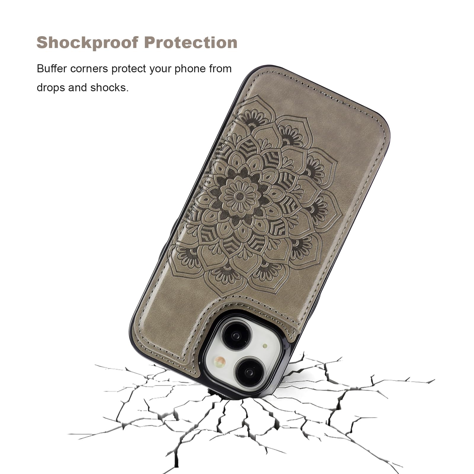 Vaburs iPhone 15 Case Wallet with Card Holder - Embossed Mandala Flower PU Leather Cover with Magnetic Car Mount | Shockproof Flip Case for 6.1