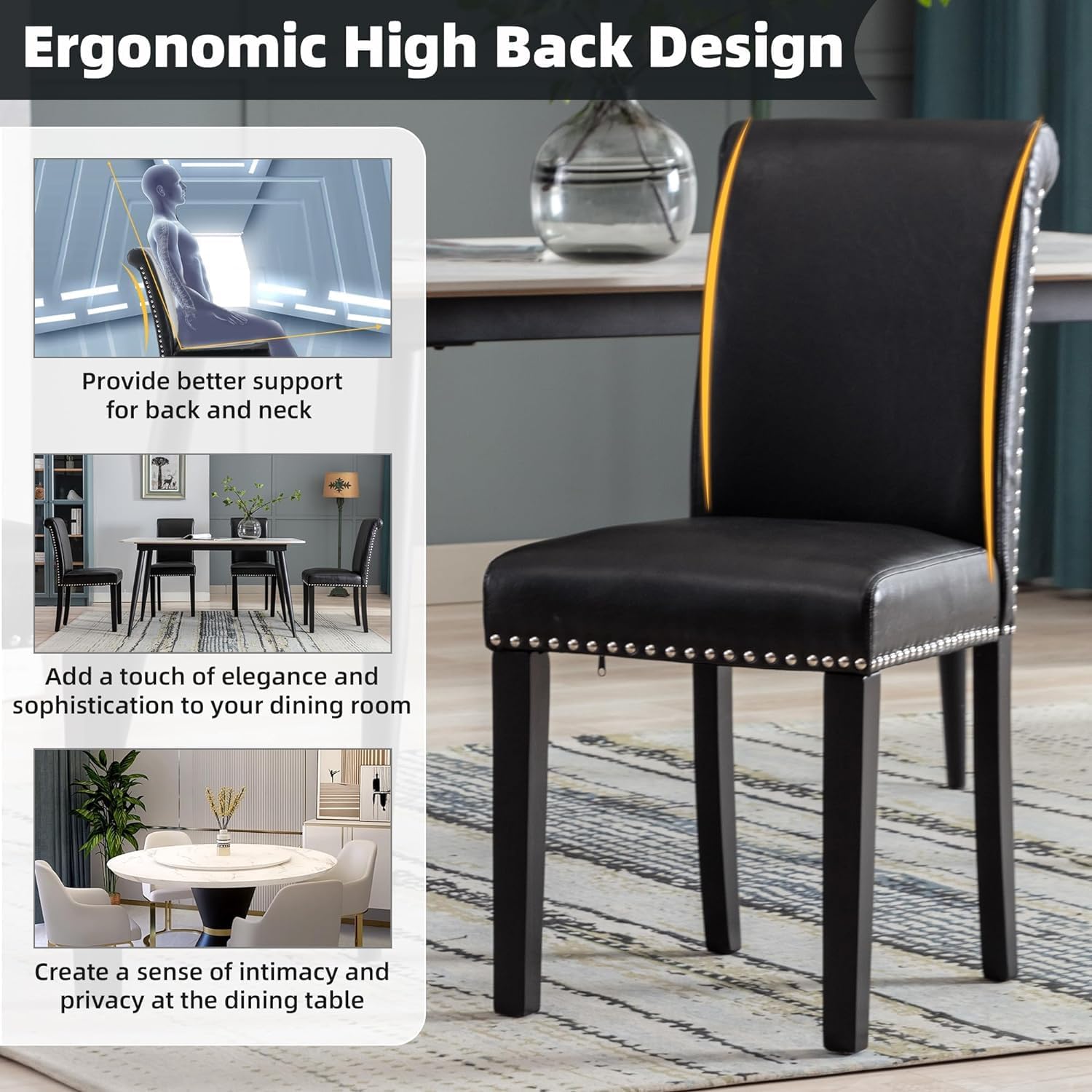 Westice 8-Piece Upholstered PU Leather Dining Chair Set with Nailhead Trim & Rubber Wood Legs - Modern Kitchen & Dining Room Chairs for Small Spaces, Apartment, Restaurant - Black (Perfect for Home Dining, Kitchen Island, Breakfast Nook & Compact Living Spaces)