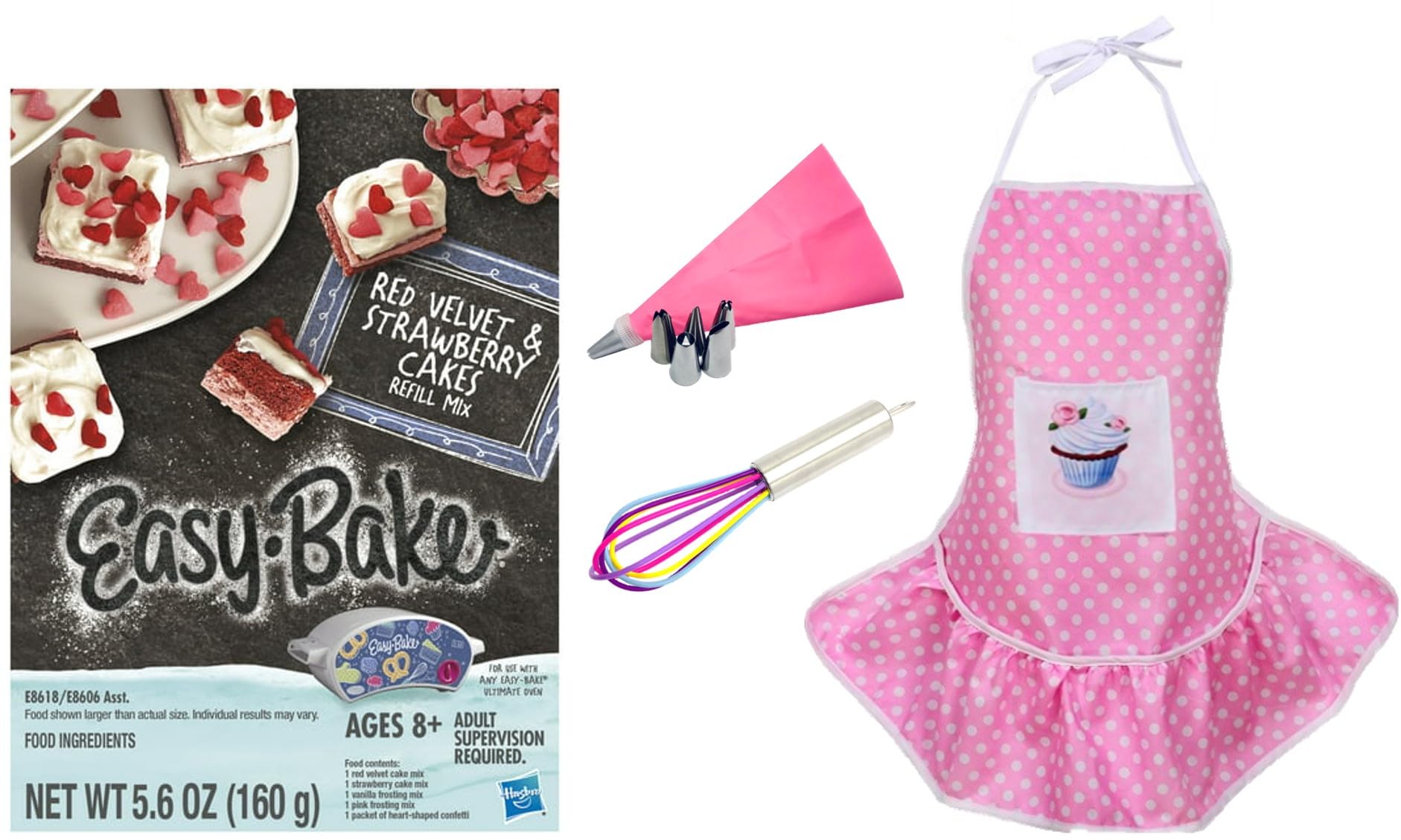 Easy Bake Oven Kit with 7 Baking Accessories - Red Velvet Cupcake Mix, Pink Kid Apron, Rainbow Whisk & Frosting Tools - Perfect Baking Gift Set for Kids Birthday & Family Fun Activity