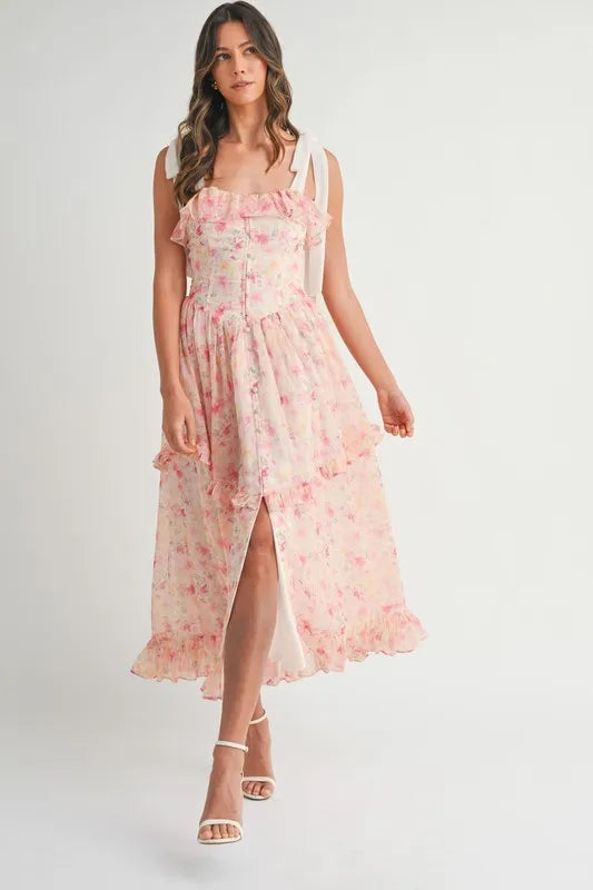 Floral Blush Pink Shoulder Strap Midi Summer Dress - Women's Flowy Boho Dress for Beach, Vacation & Date Night