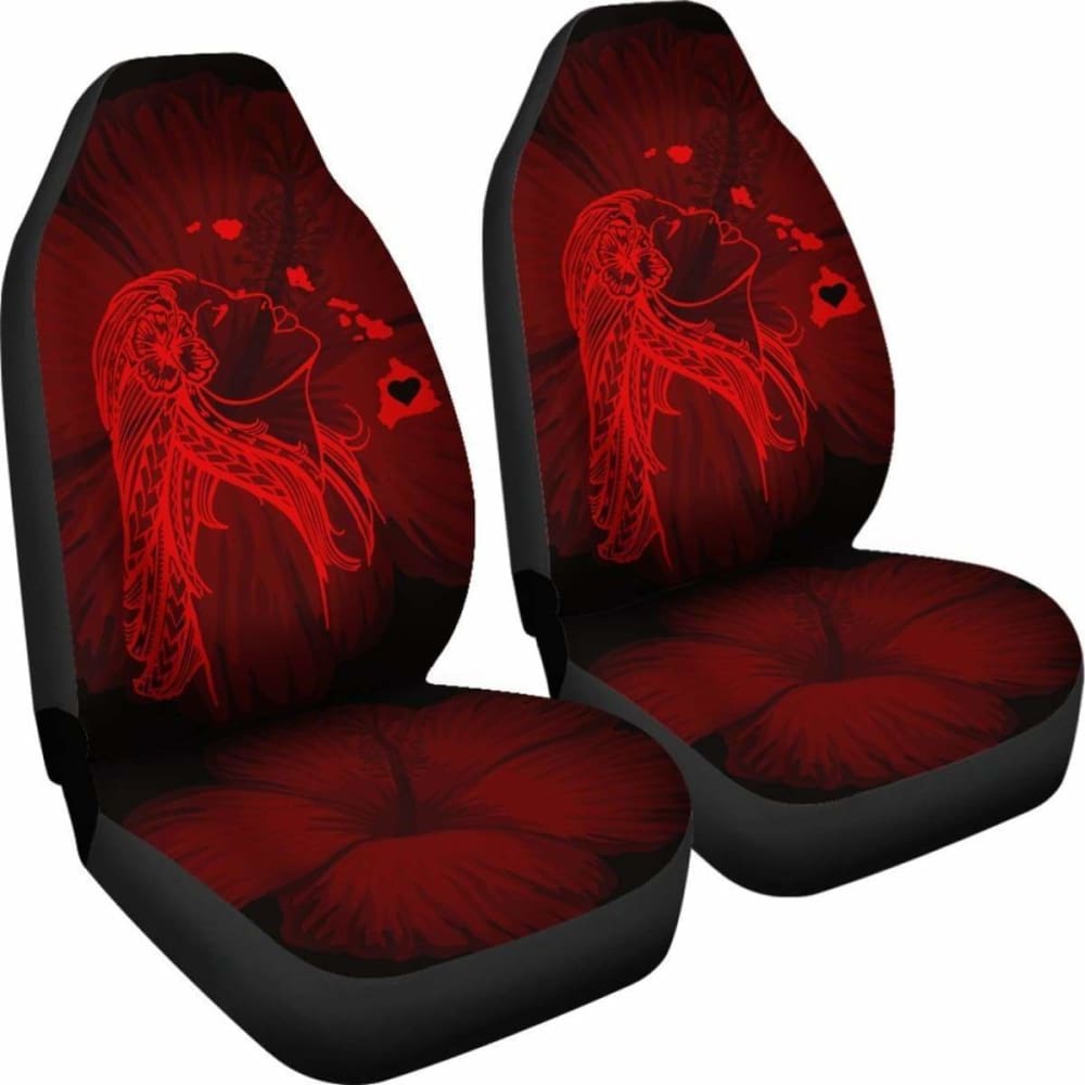 Premium Alohawaii Car Seat Covers - Hawaiian Hula Girl & Hibiscus Floral Design with Island Map in Vibrant Red (232125) - Perfect for Beach Trips, Summer Road Travel & Tropical-Themed Vehicle Decor