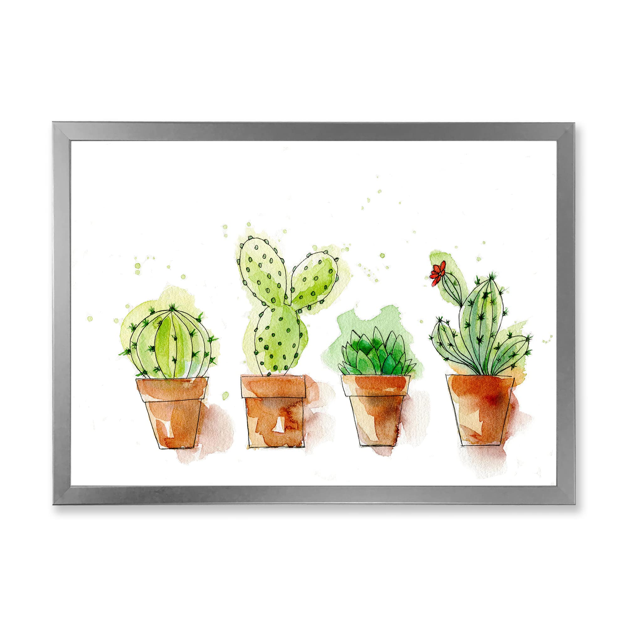 Stylish Cacti in Ceramic Pots - Minimalist Home Decor Wall Art for Living Room, Bedroom & Office | Traditional Framed Desert Plant Painting
