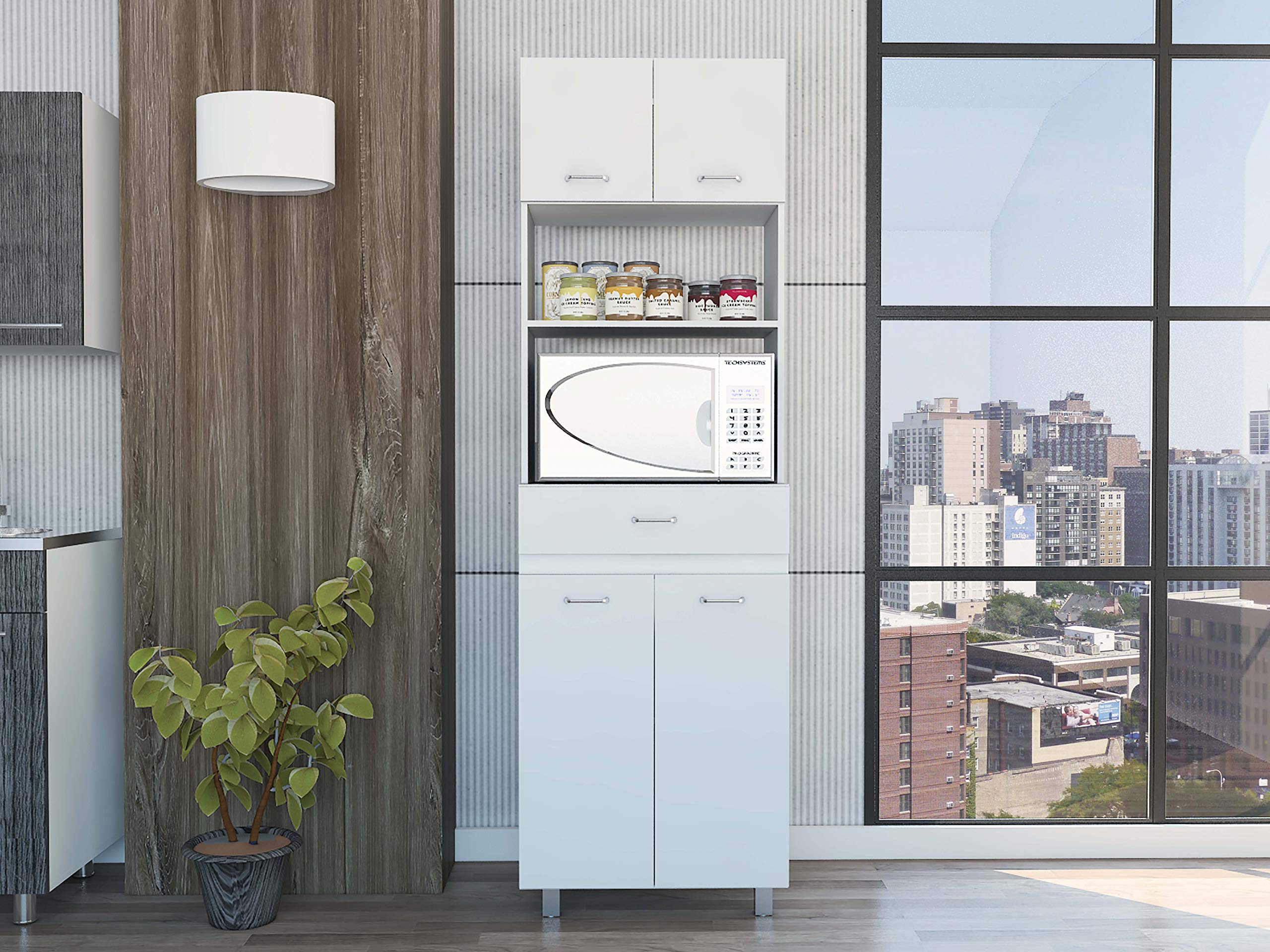 White Auburn Microwave Pantry Cabinet with 2 Storage Cabinets, 2 Open Shelves & Drawer - Perfect for Kitchen Organization & Small Space Storage