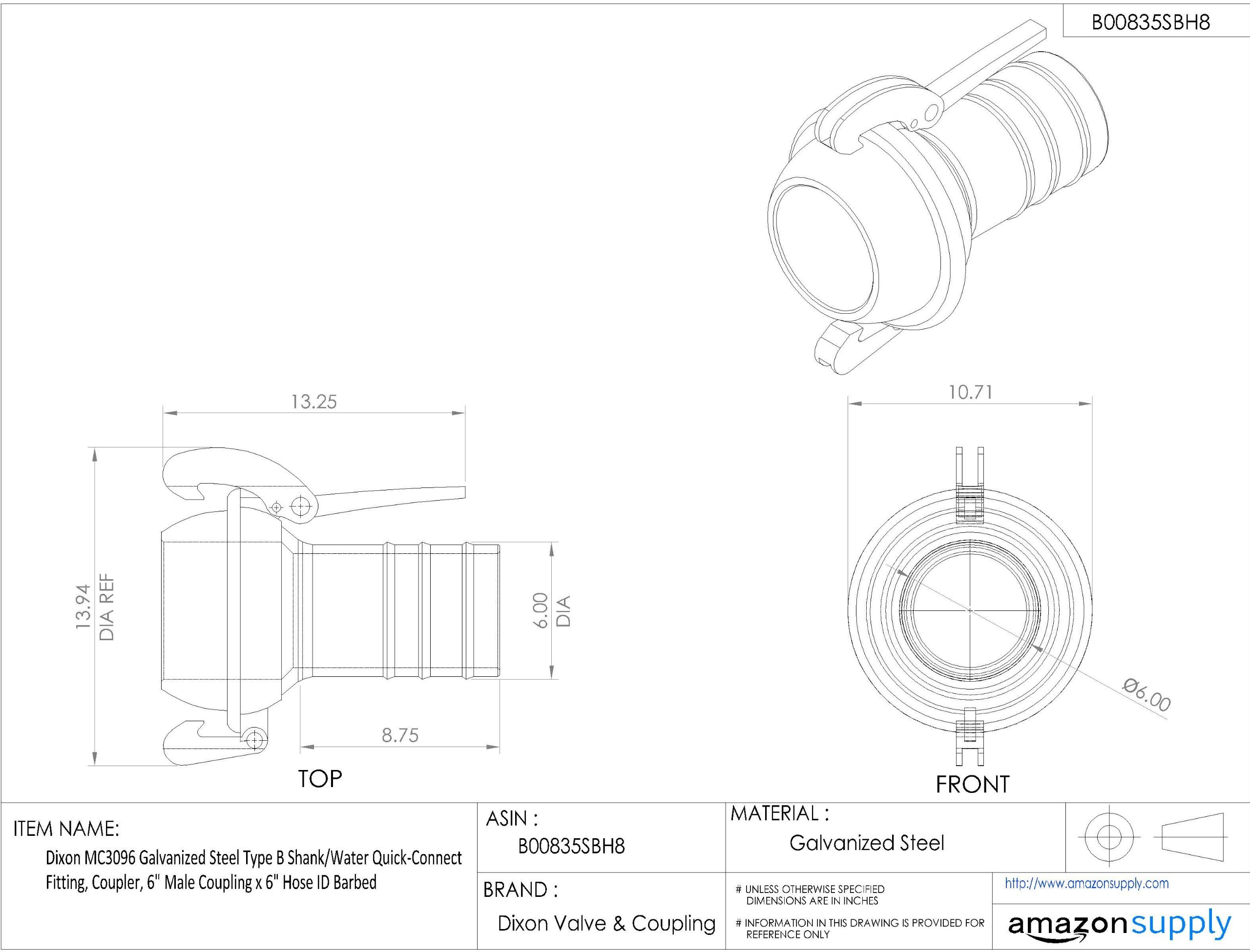 Dixon MC3096 Galvanized Steel Type B Shank Quick-Connect Water Fitting - 6