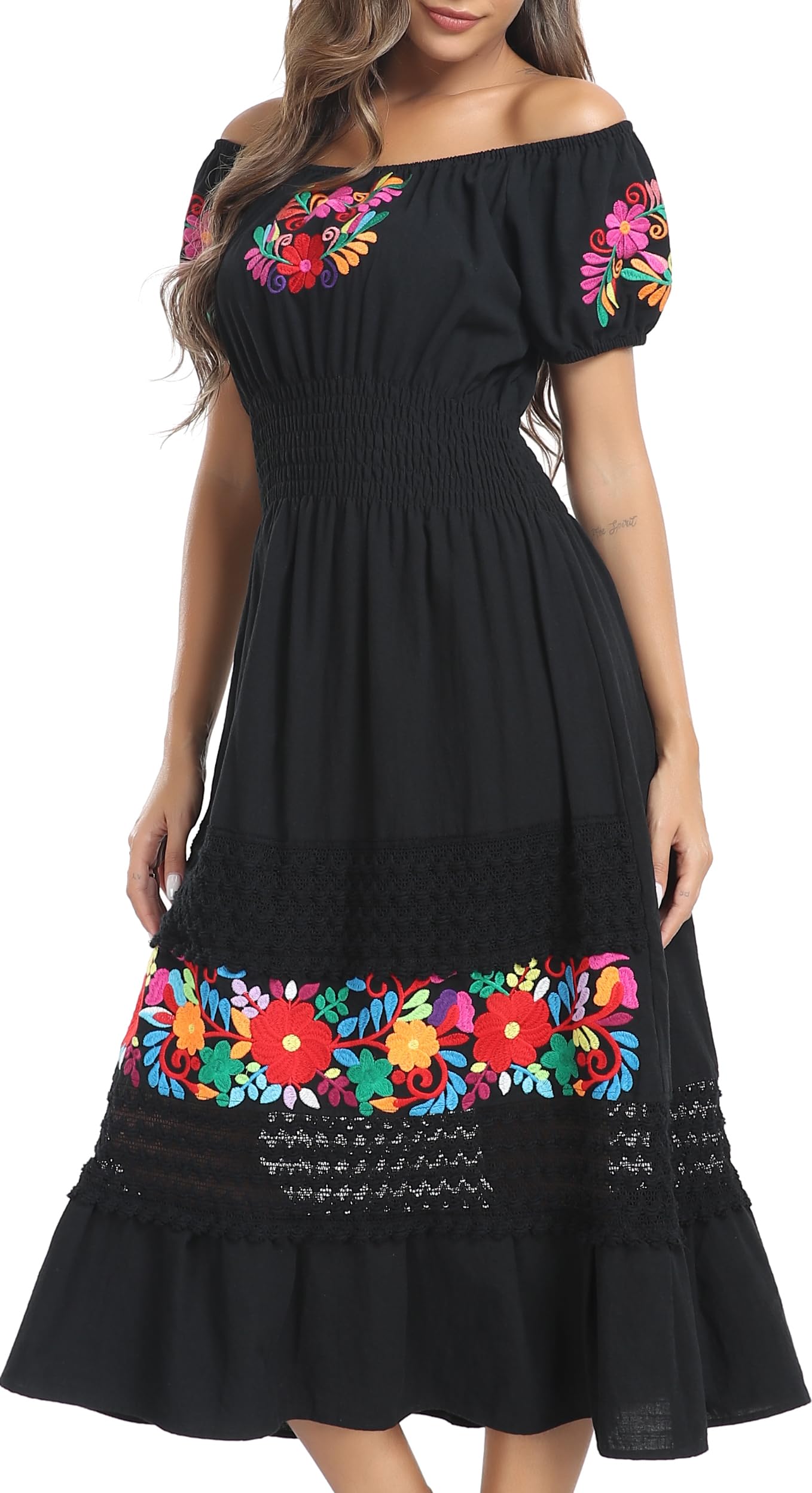 YZXDORWJ Women's Mexican Floral Embroidered Lace Ruffle Maxi Dress - Boho Summer Beach Dress for Vacation, Party & Casual Wear
