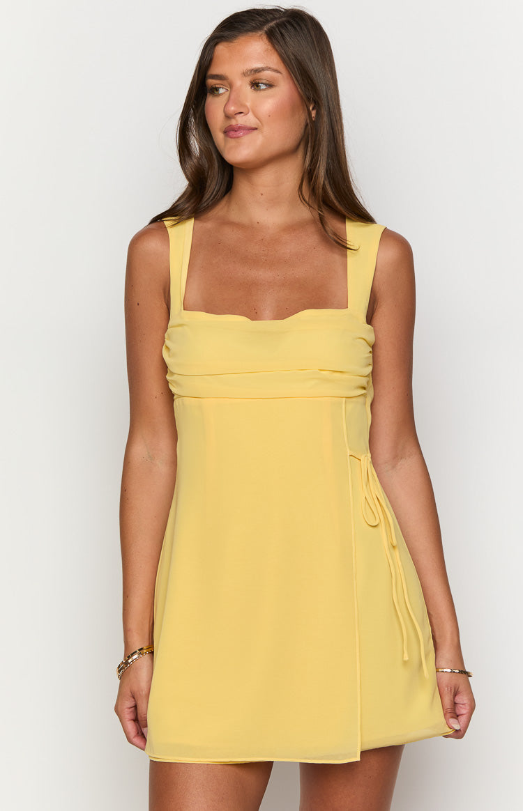 Elegant Avi Yellow Chiffon Mini Dress for Women - Summer Party, Cocktail, Date Night & Special Occasions