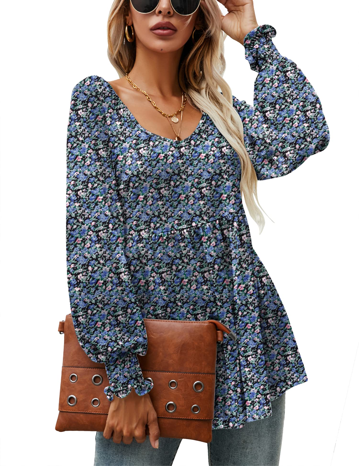 LOMON Women's Casual Long Sleeve V-Neck Tunic Top with Pleated Flare & Smocked Cuffs - Comfortable Blouse for Work, Date Night & Everyday Wear (Sizes S-XXL)
