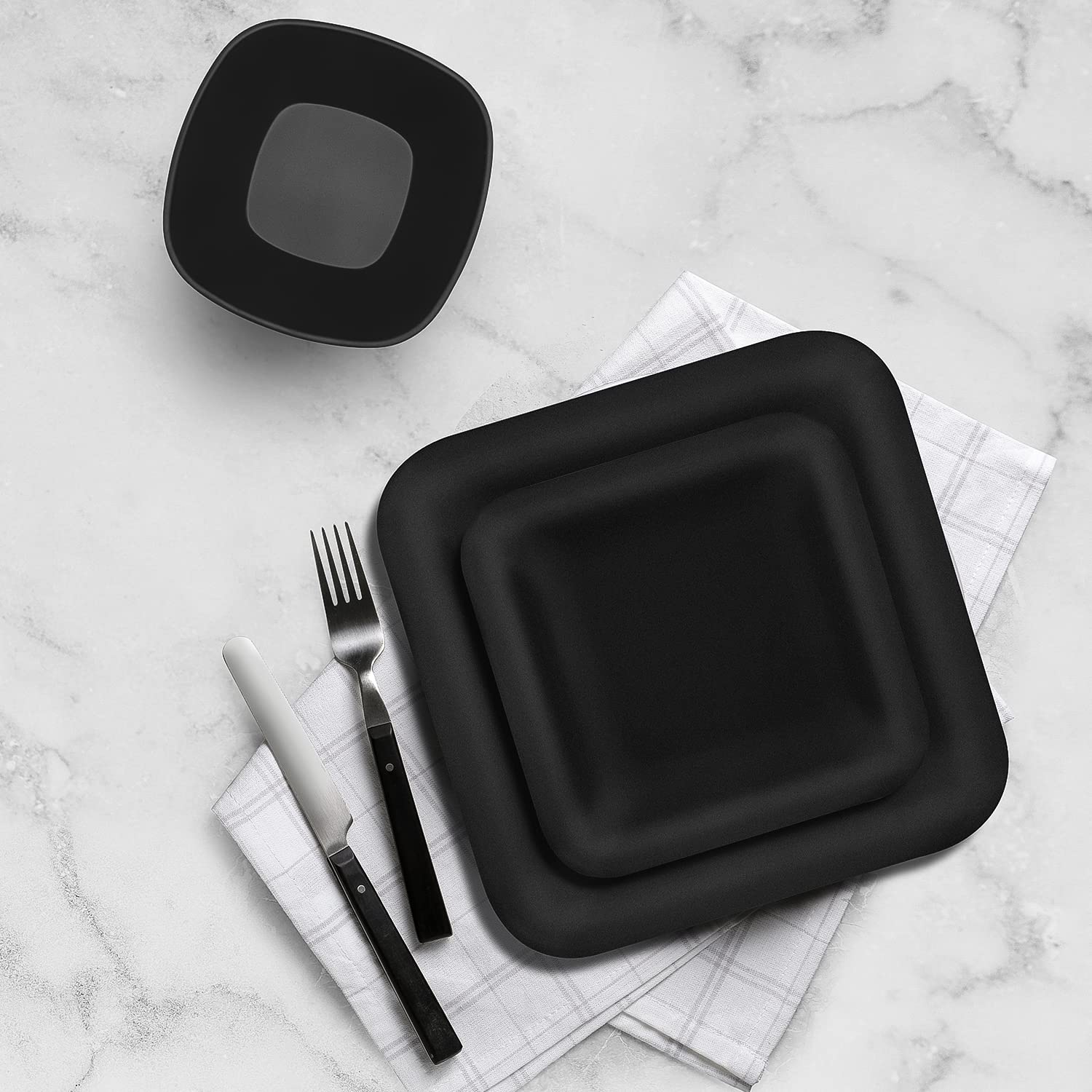 Premium 12-Piece Melamine Dinnerware Set - Matte Black Square Plates & Bowls for Indoor/Outdoor Use | Dishwasher Safe, Durable & Lightweight | Perfect for Camping, Picnics, BBQs & Everyday Dining