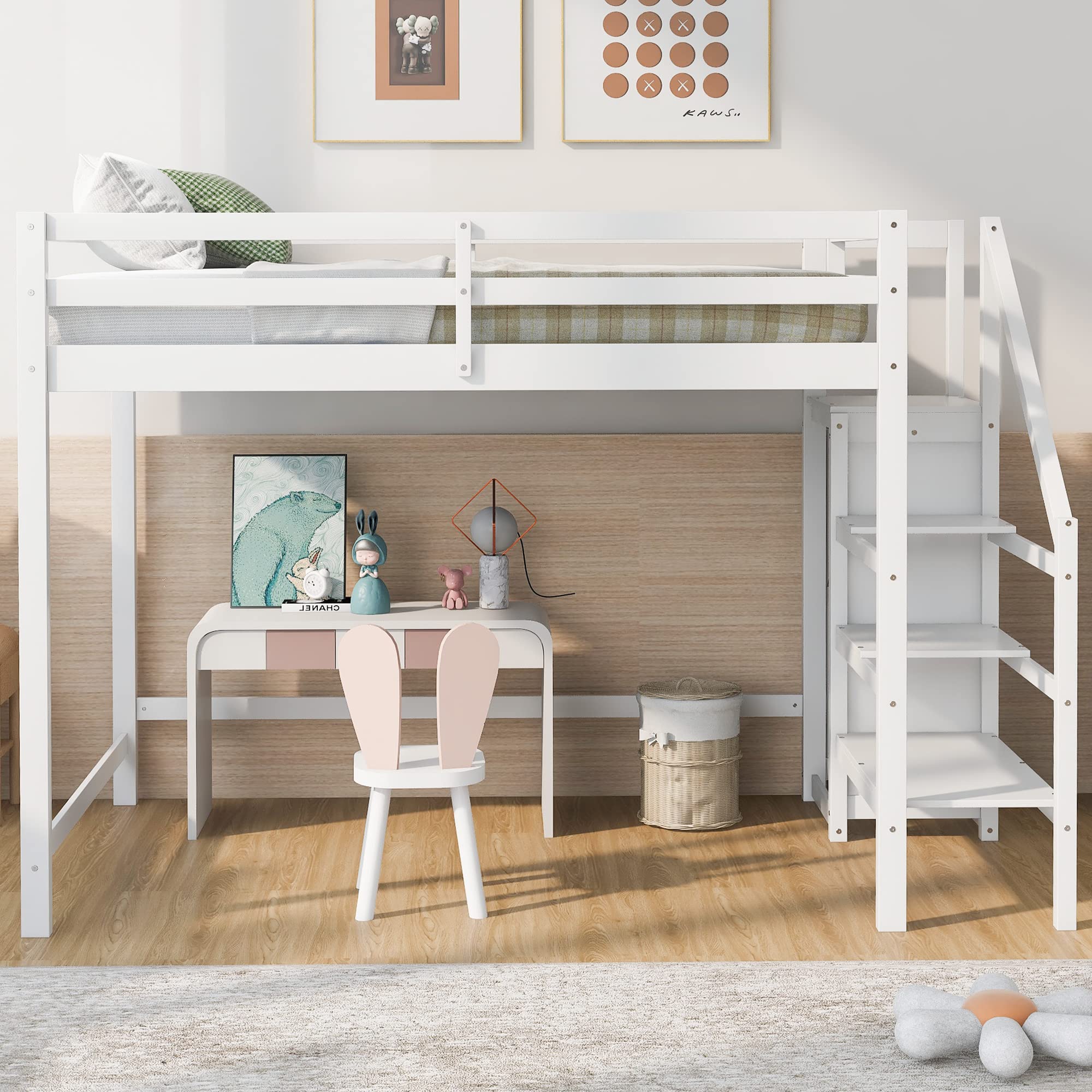 KLMM Full Size Loft Bed with Built-in Wardrobe & Staircase - Solid Wood Modern Loft Bed Frame with Safety Guard Rail - No Box Spring Needed - White Storage Loft Bed for Teens & Adults - Perfect for Small Bedrooms, Dorms & Studio Apartments