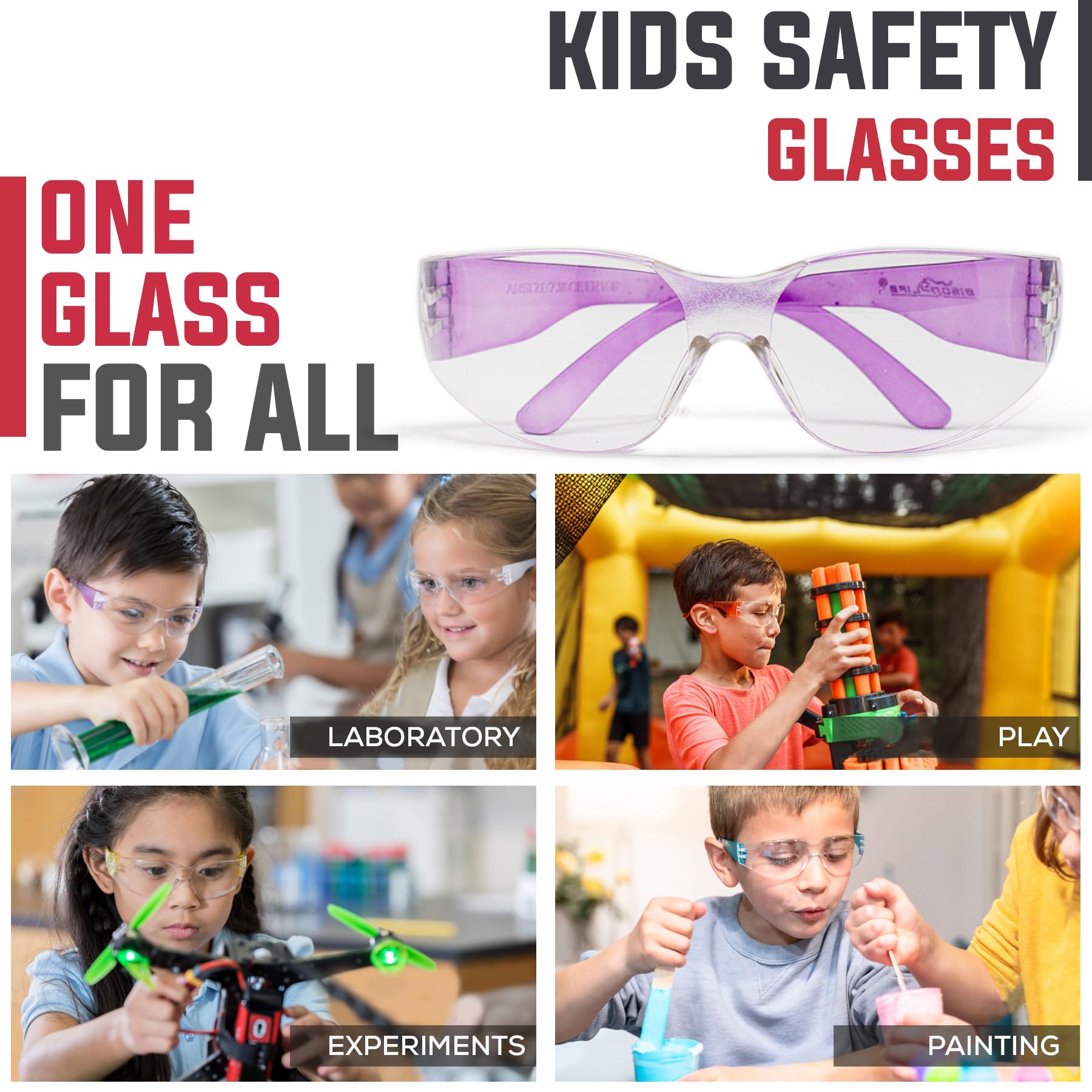 BISON LIFE Kids Safety Glasses - ANSI Z87.1 Certified Protective Eyewear for Children, Bulk Pack of Science Safety Goggles for School Labs, Woodworking, and DIY Projects