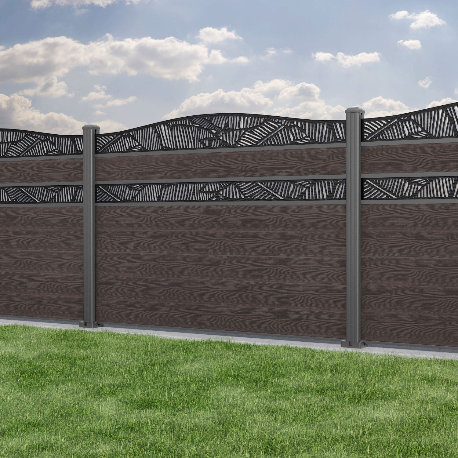 Classic Feather Curved Top Split Screen Fence Panel - Mid Brown - Aluminum Posts - Perfect for Garden Privacy & Backyard Decoration