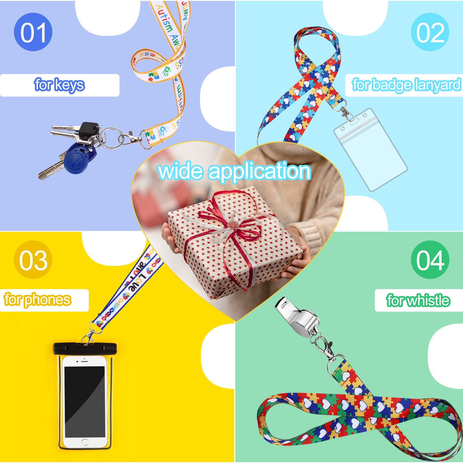 Autism Awareness Lanyard Set - 4 Puzzle Piece Keychains with ID Holders for School & Work