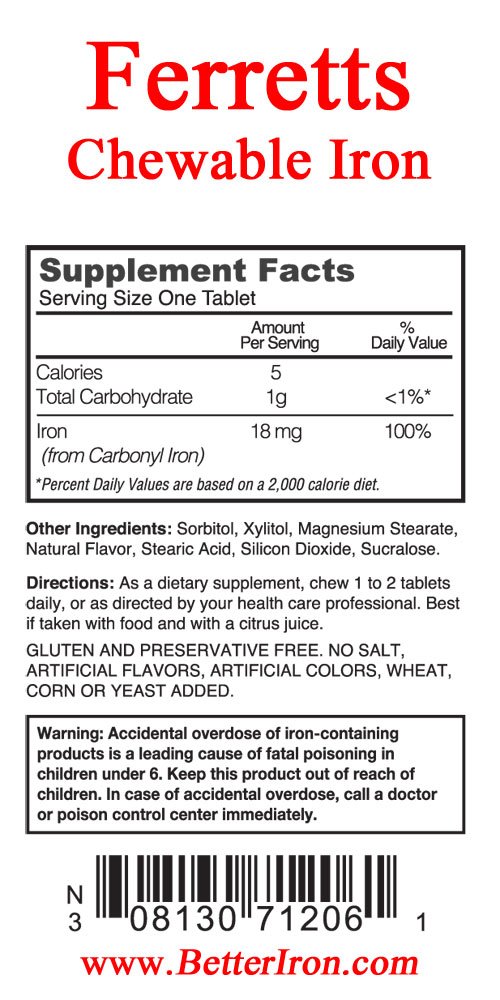 Ferretts Chewable Iron Supplement 18mg (Carbonyl Iron) - 60 Lemon-Lime Flavored Iron Chewable Tablets for Iron Deficiency - Gentle Non-Constipating Iron Pills - Supports Energy & Vitality - Ideal for Adults & Kids with Low Iron Levels