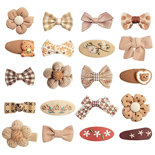Elesa Miracle Girls Hair Clips - 20PCS Flower Fabric Snap Hair Clips with Brown Bow for Toddler Kids & Teens - Perfect for School, Parties & Daily Hair Accessories