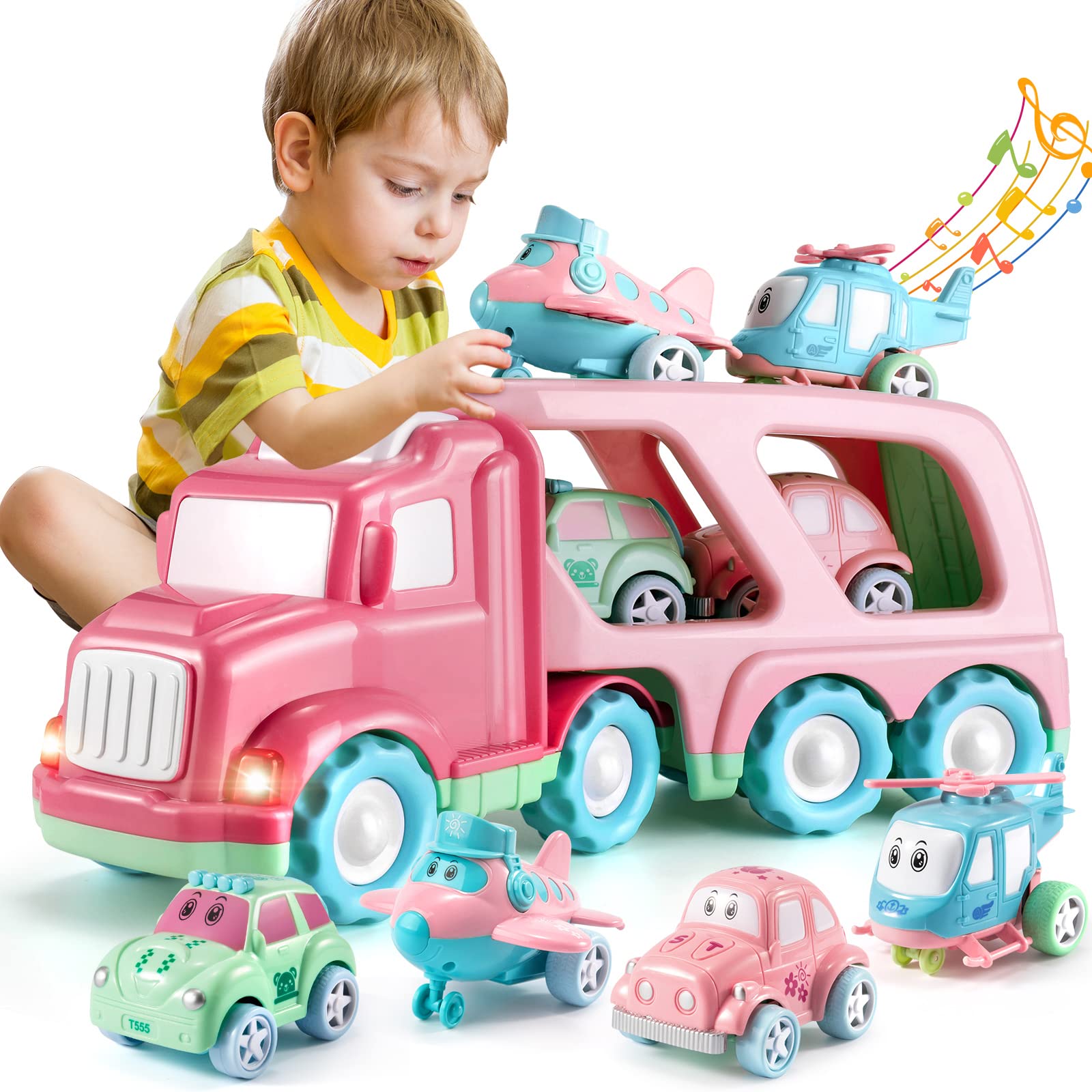 TEMI 5-in-1 Friction Car Carrier Toy for Boys 3-6 Years - Perfect Gift for Toddlers & Christmas