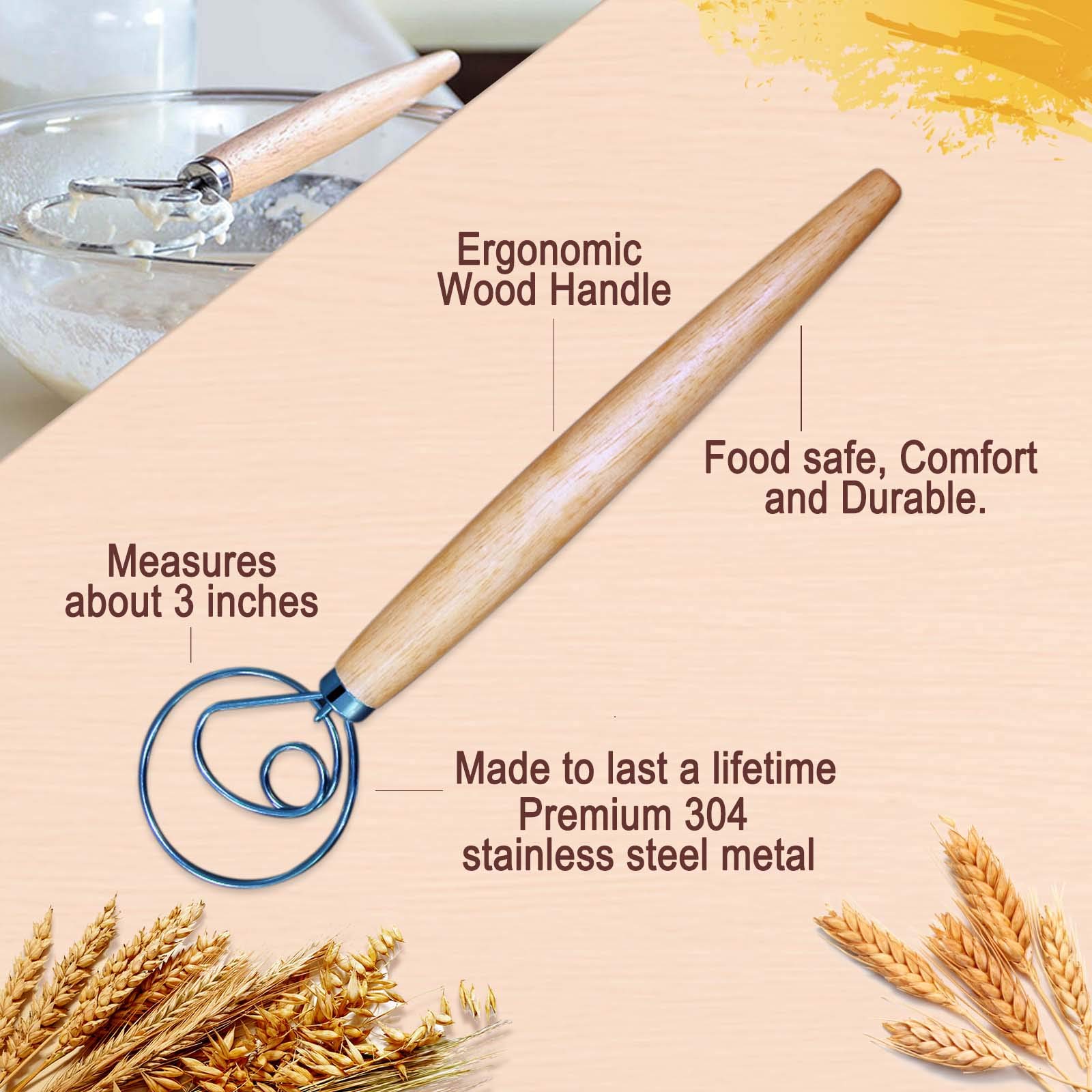 Premium Danish Dough Whisk - 13 Inch Stainless Steel Baking Tool with Wooden Handle for Cake, Pastry & Pizza Dough - Perfect for Home Bakers & Professional Kitchens