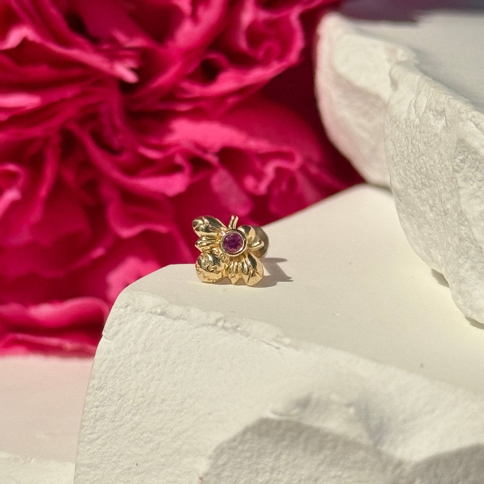 14K Yellow Gold Pink Ruby Bee Stud Earrings - Dainty Floral Jewelry for Women, Perfect for Everyday Wear, Gifts & Special Occasions