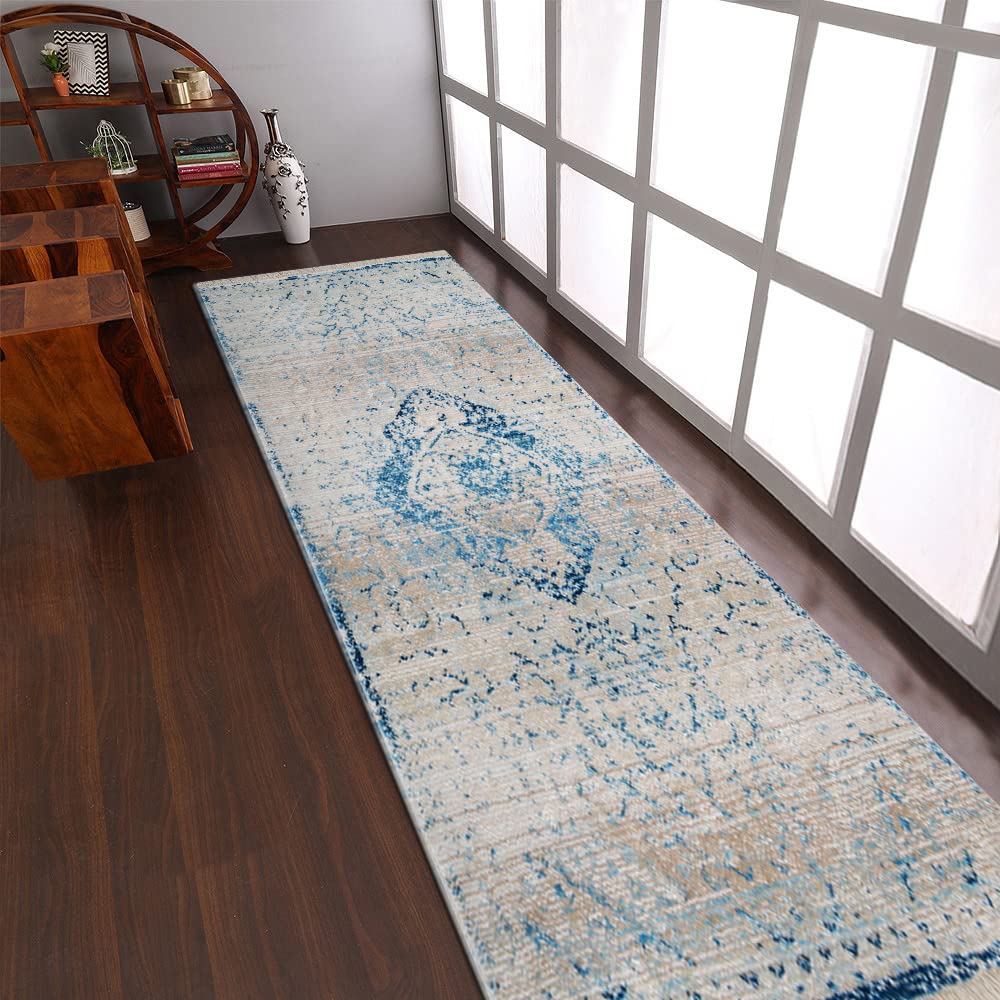 Machine Made Polyester Area Rugs 2'6''x9'10'' Runner - Blue Oriental Traditional Design Low Pile Carpet for Living Room & Bedroom | Durable & Easy to Clean | Perfect for Hallways, Entryways & Home Decor (M00061)