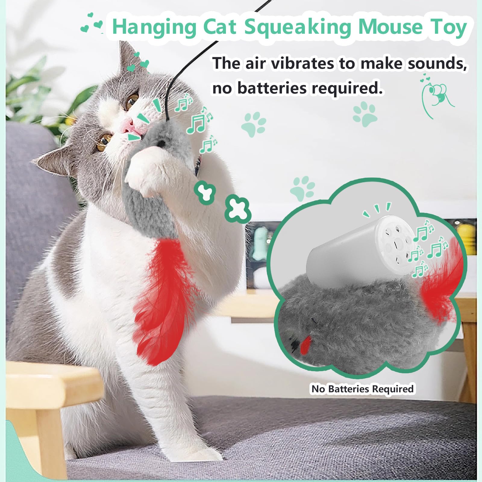 FYNIGO Self Play Cat Toys - 2 Pack Interactive Door Hanging Cat Mouse Toys with Squeaky Sound & Feather Tail - No Batteries Required - Indoor Cat Enrichment Toys for Bored Adult Cats - Perfect for Playtime, Exercise & Mental Stimulation
