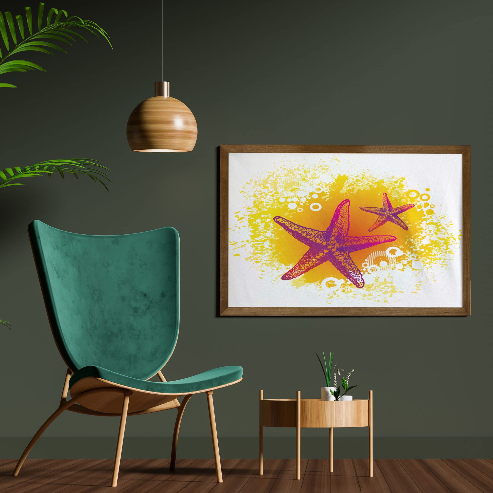 Ambesonne Starfish Framed Wall Art - Vibrant Tropical Ocean Scene with Teak Wood Frame, 35