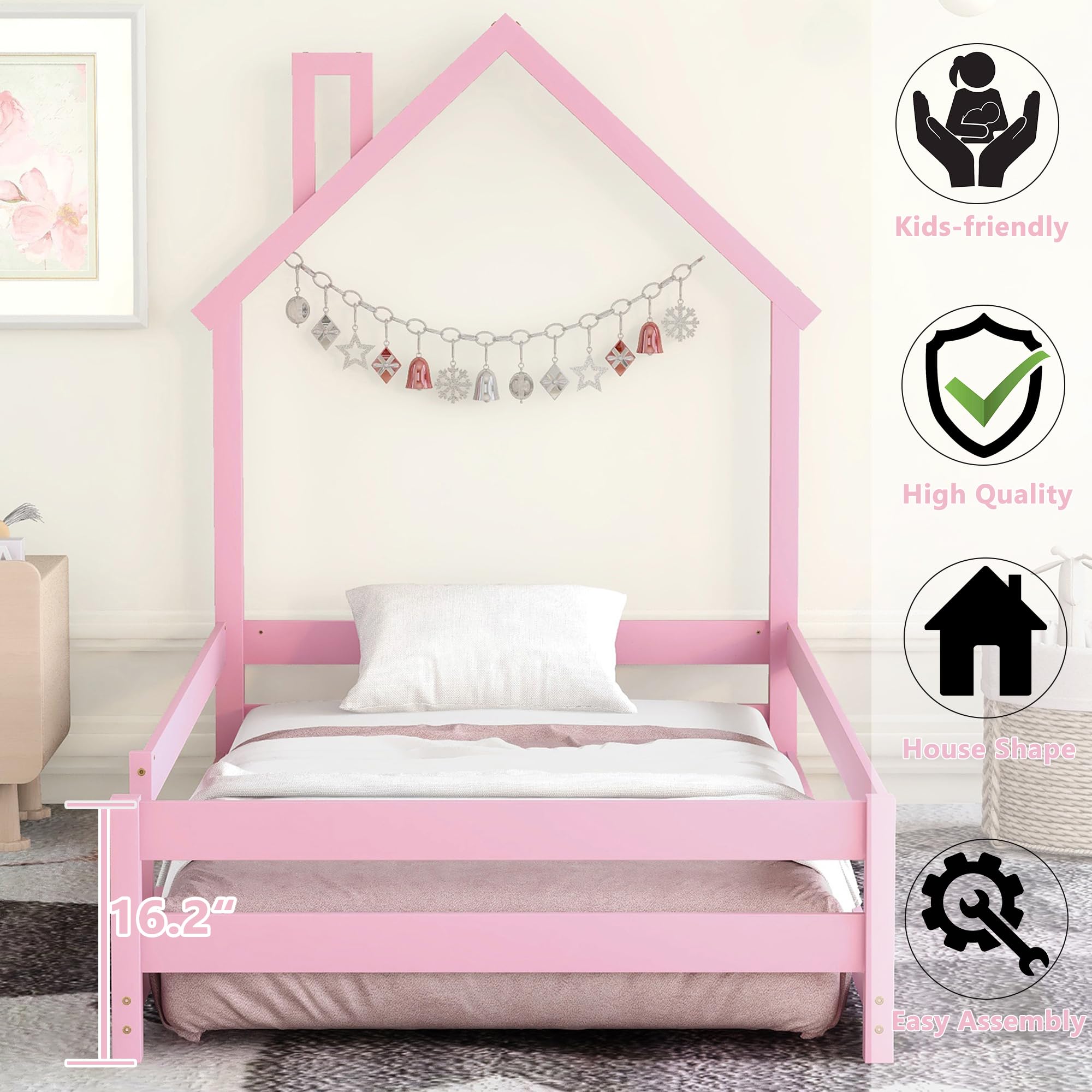 Bellemave Twin Size House-Shaped Headboard Floor Bed with Safety Fences - Wooden Montessori Kids Bed for Girls & Boys - Pink House Bed Frame for Toddler Room, Playroom & Nursery