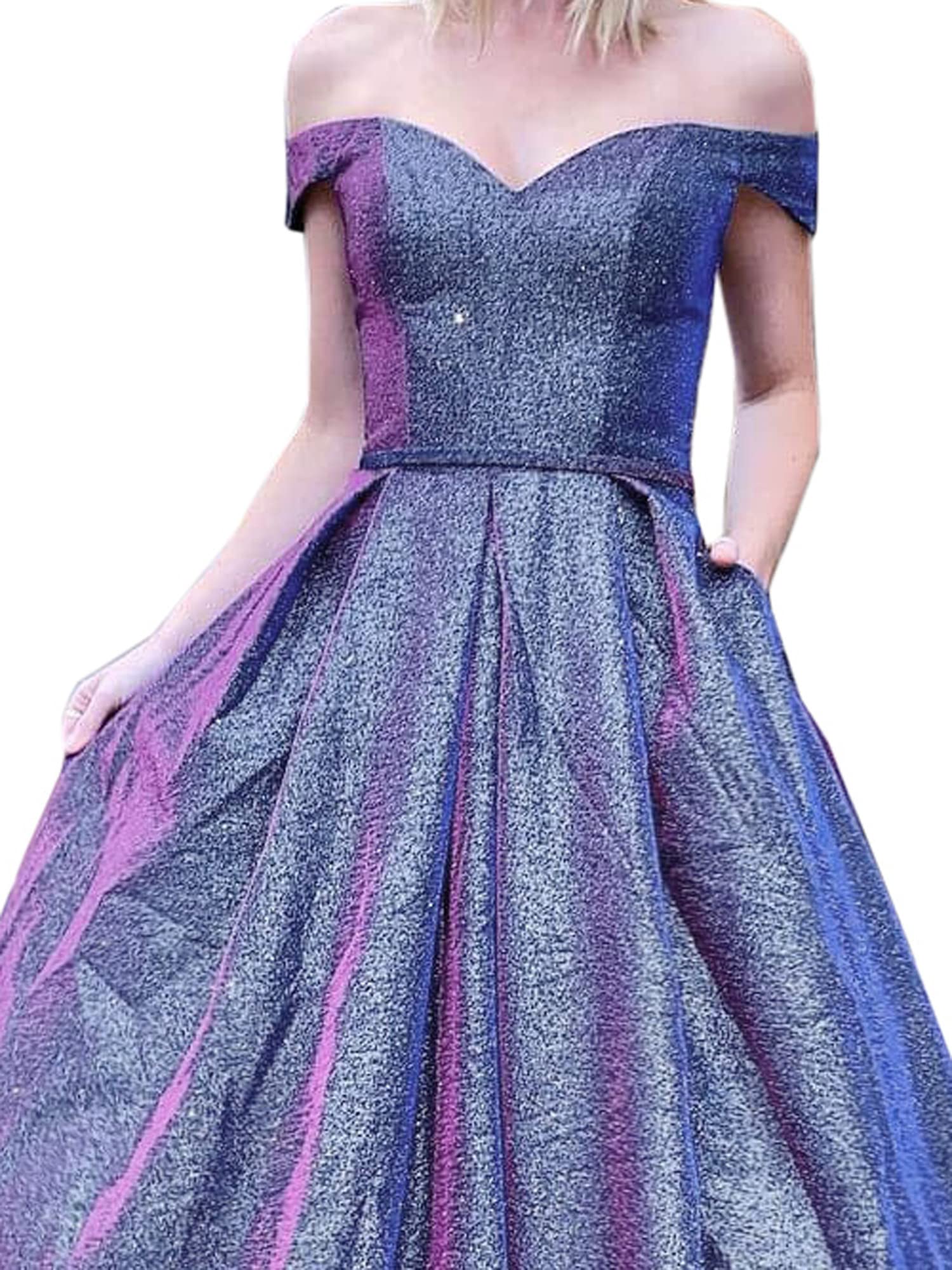 Elegant Off-the-Shoulder Glitter Prom Dress for Women - Formal Evening Gown with Pockets | Perfect for Homecoming, Wedding Guest & Cocktail Party