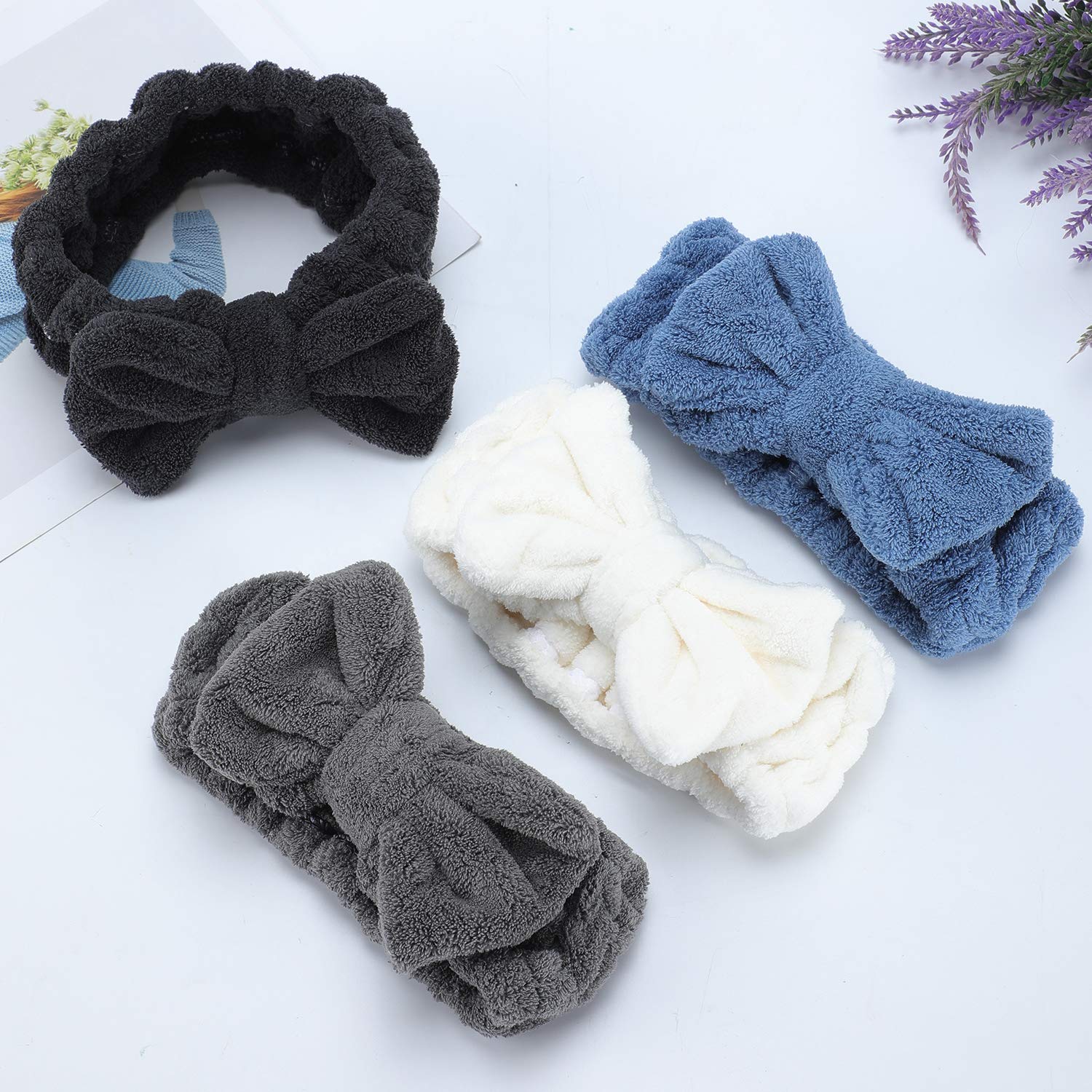 Senkary 4 Pack Soft Microfiber Bowtie Headbands for Women & Girls - Spa, Shower, Makeup & Face Wash Headband Set (White, Blue, Black, Dark Grey) - Perfect for Skincare Routine, Hair Styling & Relaxing at Home