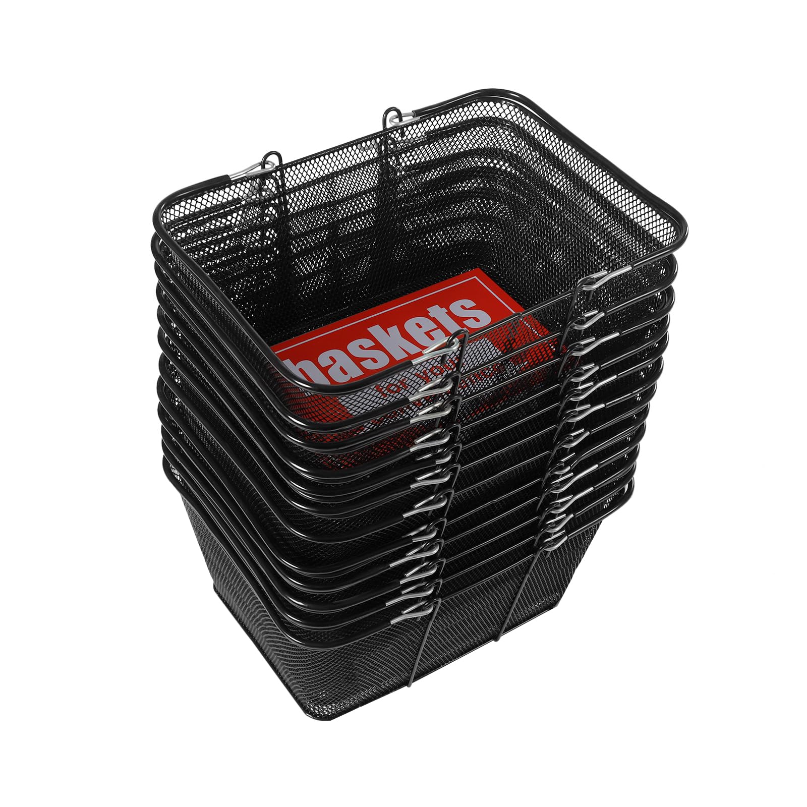 12-Piece 19L Black Wire Mesh Shopping Baskets with Handles - 15.7x12x7 Inches, 10kg/22lbs Capacity - Durable Iron Store Baskets for Supermarket, Retail, Bookstore - Perfect for Organizing Groceries, Books & Retail Merchandise
