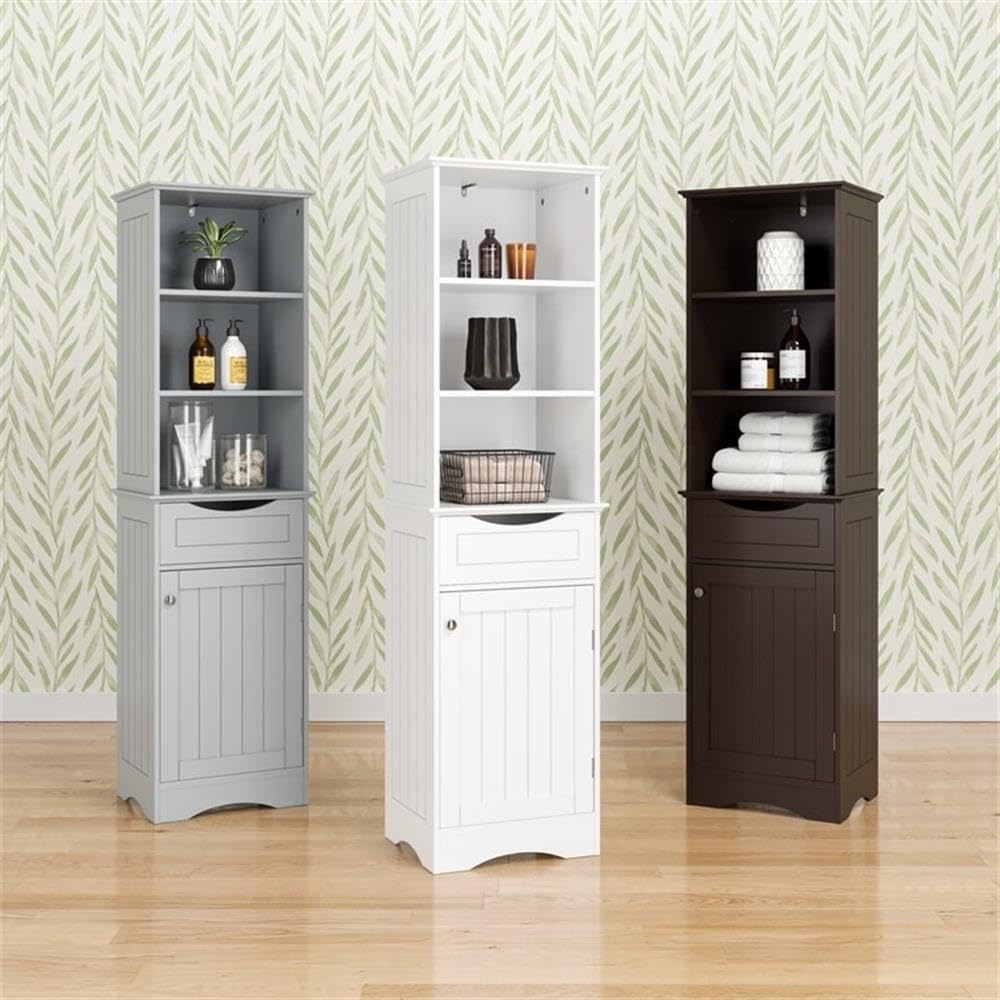 RiverRidge White Ashland Freestanding Bathroom Storage Cabinet with 3 Open Shelves & Drawer - Perfect for Organizing Towels, Toiletries & Bathroom Essentials in Small Spaces