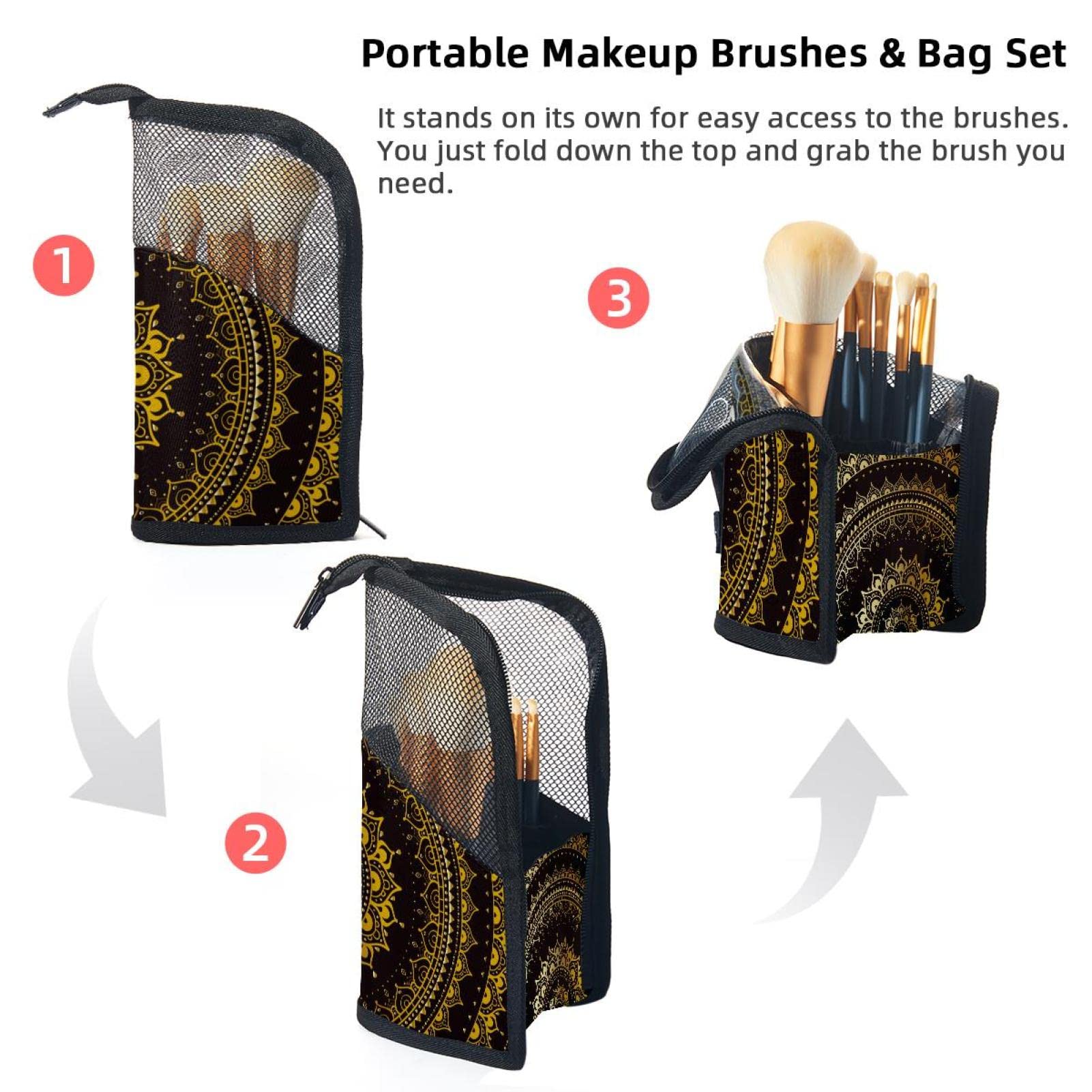 Golden Floral Mandala Makeup Brush Organizer Bag with 12 Brushes - Portable Cosmetic Brush Holder Case Set for Travel & Home Vanity Organization