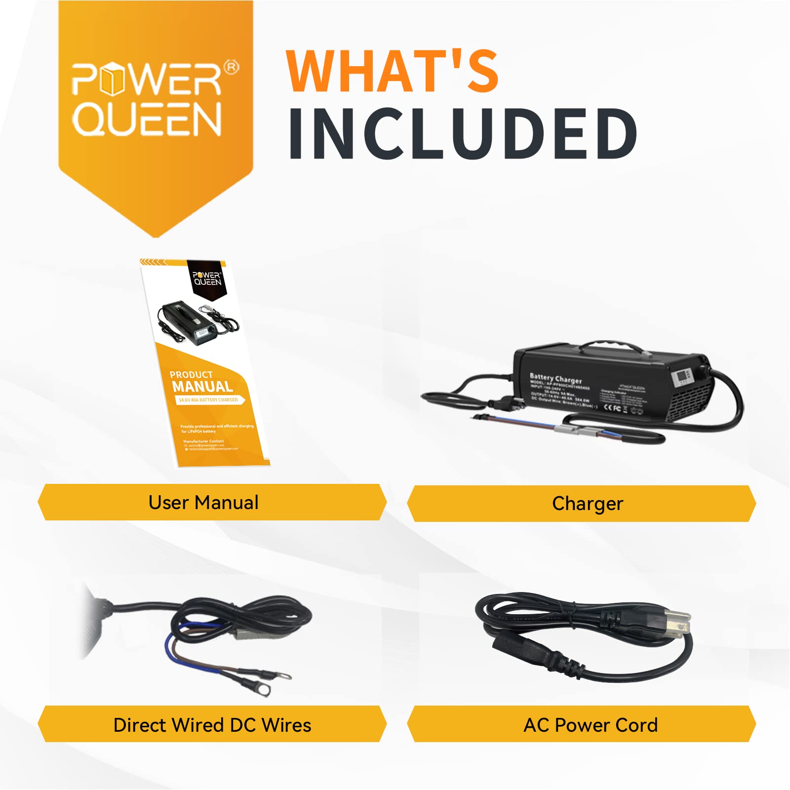Power Queen 14.6V 40A Lithium Battery Charger with LED Display - Fast Charging 12V Automotive Battery Maintainer for Lithium Batteries | Overcharge, Overcurrent, Short Circuit & Reverse Polarity Protection | Perfect for RVs, Boats, Motorcycles & Off-Grid Power Systems