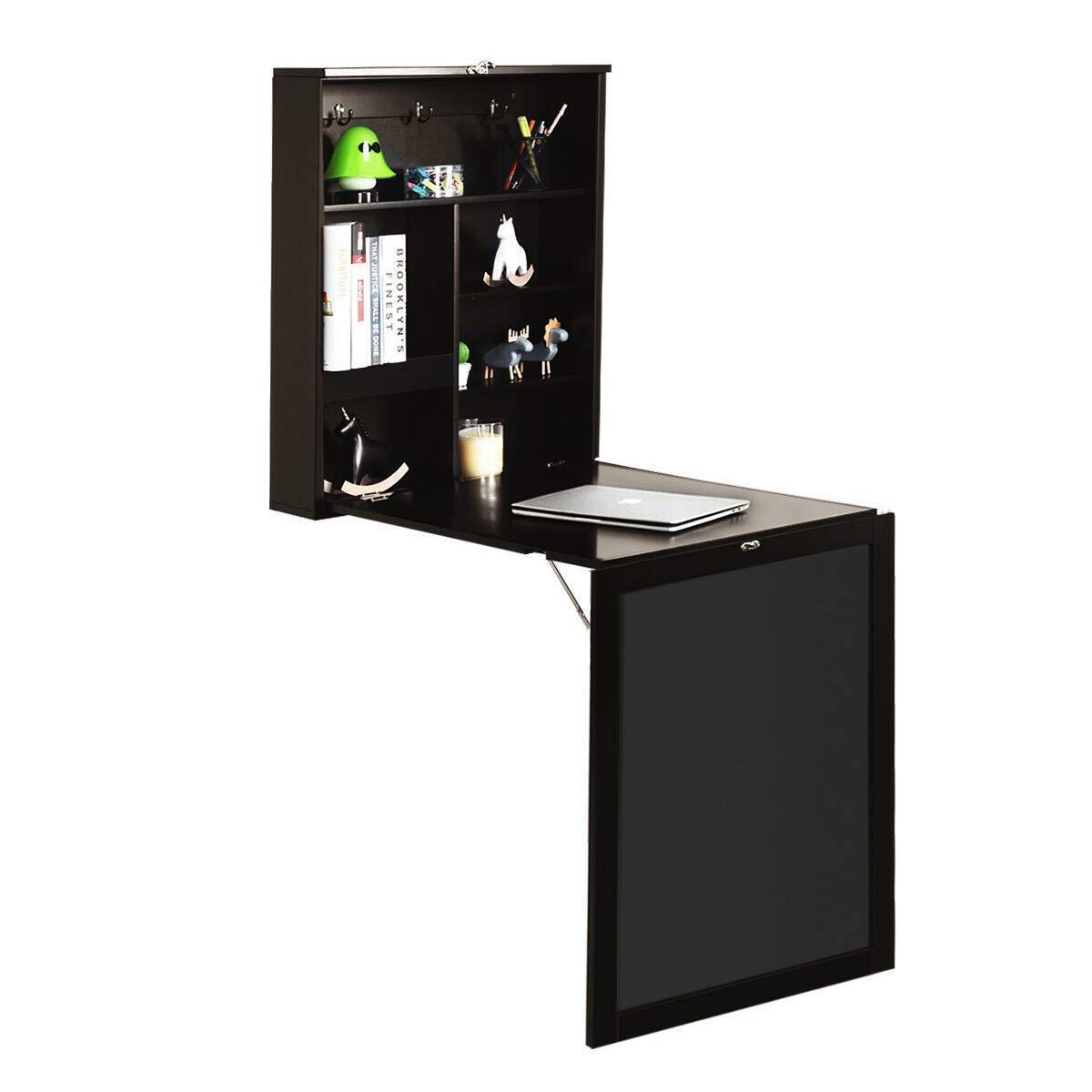 HPW Brown Wall Mounted Folding Table with Blackboard - Convertible Desk for Laptop, Study & Writing | Space Saving Kitchen Cabinet Organizer | Perfect for Small Apartments, Dorms & Home Offices