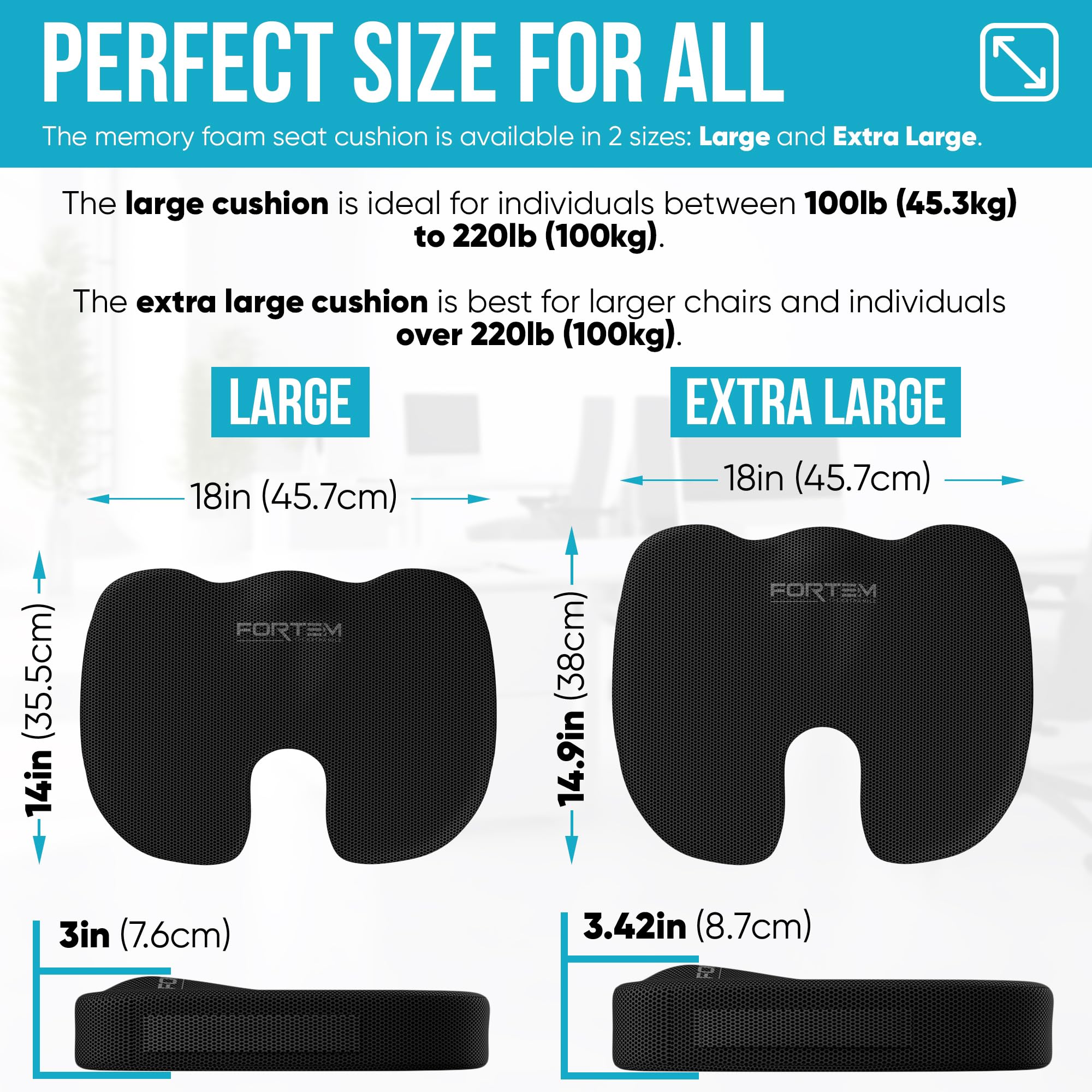 FORTEM Memory Foam Office Chair Cushion with Lumbar Support - Non-Slip Seat & Back Rest for Office, Gaming & Car Chairs - Ergonomic Comfort for Long Hours of Sitting