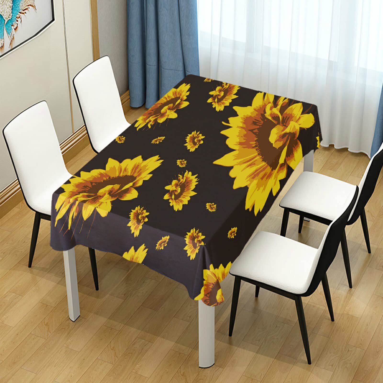 Golden Yellow Sunflowers on Black 60 x 108 Inch Oblong Tablecloth for Party, Dining Room, and Holiday Table Cloths