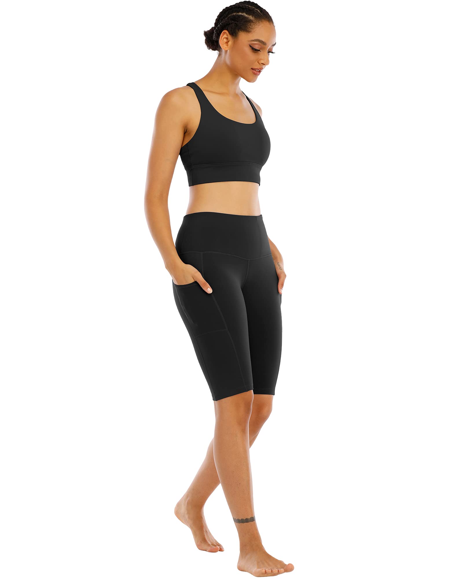 WHOUARE Women's High Waisted Yoga Shorts with Pockets - 4 Pack Workout Shorts for Running, Gym & Biking | Tummy Control Athletic Shorts for Women | Perfect for Yoga, Cycling & Active Lifestyle