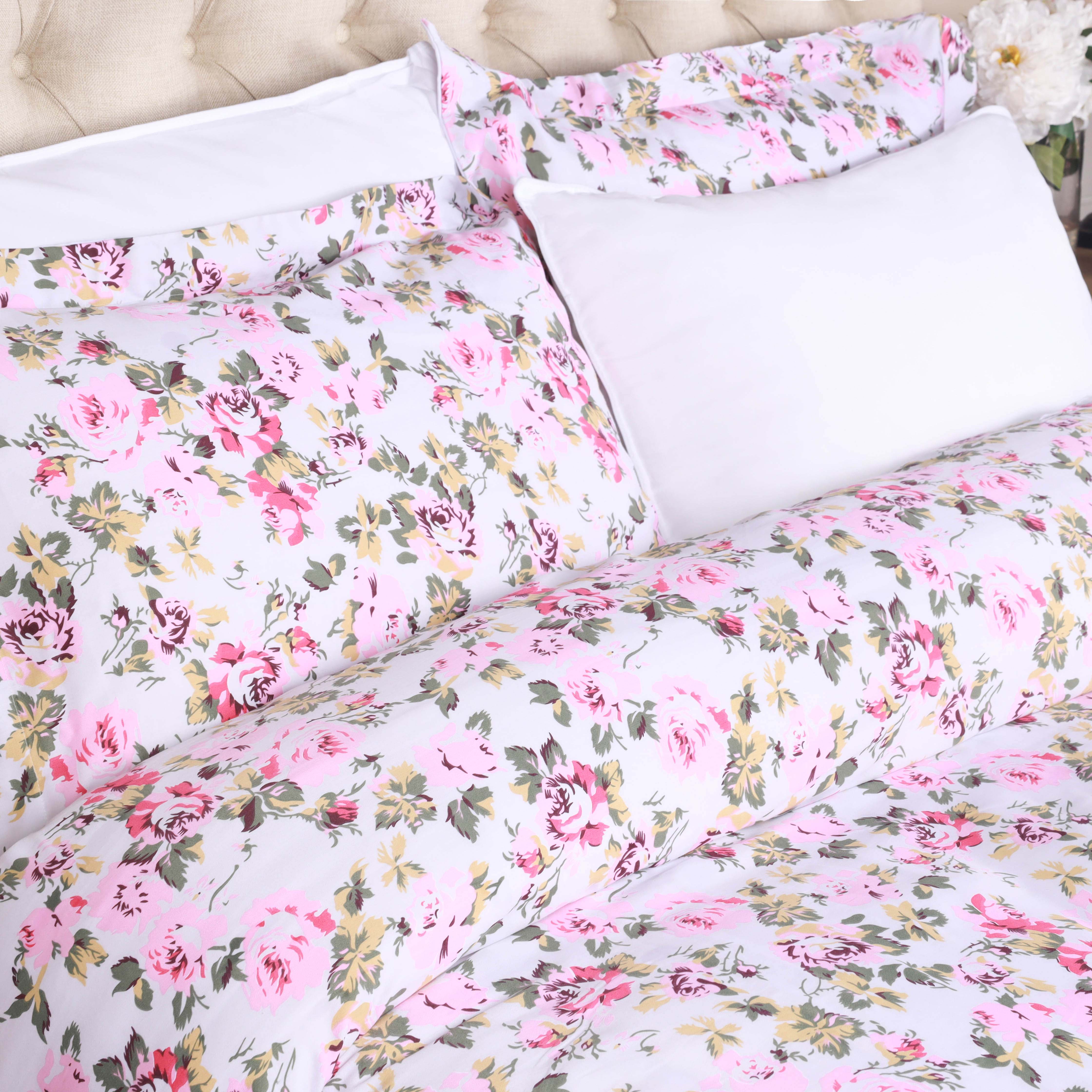 300 Thread Count Solid & Floral Cotton Duvet Cover Set - All Season Soft Bedding for Master Bedroom, Guest Room & Vacation Homes