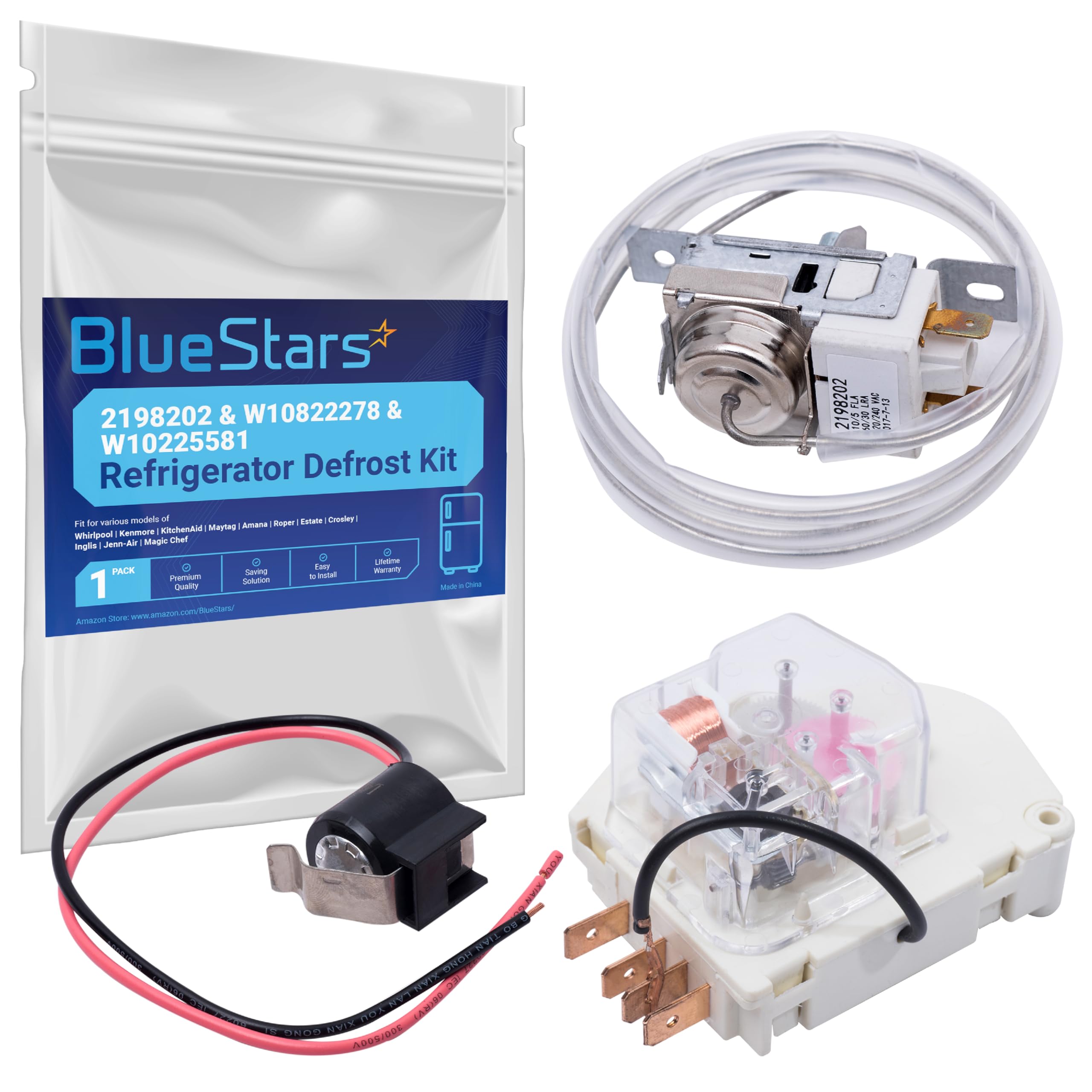 BlueStars Refrigerator Defrost Thermostat Kit - W10822278 Defrost Timer & W10225581 Bimetal Thermostat Replacement for Whirlpool Kenmore Refrigerators - Cold Control Thermostat 2198202 - Perfect for Home Kitchen Appliance Repair & Maintenance