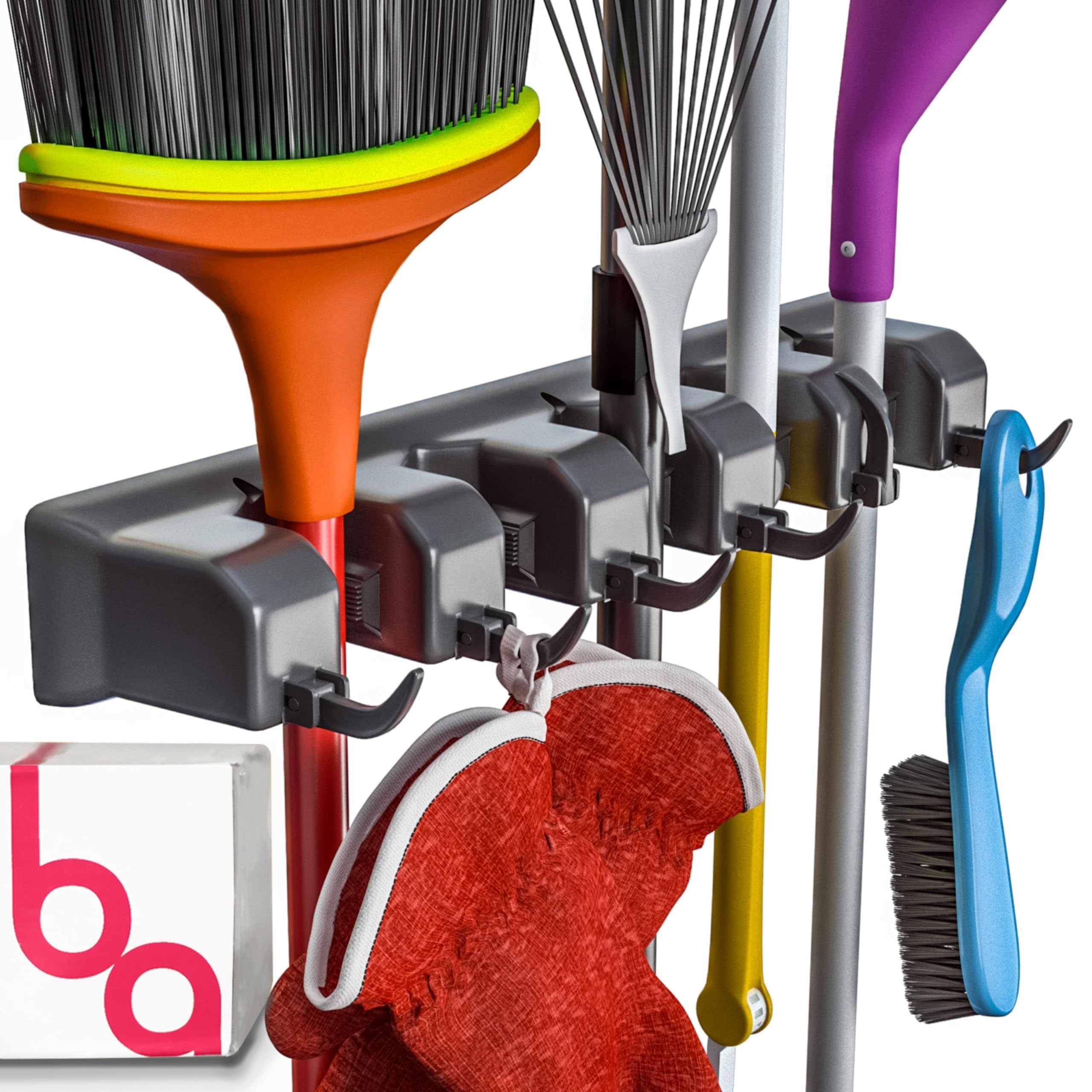 Extra Grip Wall Mount Mop & Broom Holder - Heavy Duty Utility Closet Organizer with Hooks for Garden Tools, Cleaning Supplies Storage - Perfect for Kitchen, Garage, Laundry Room Organization
