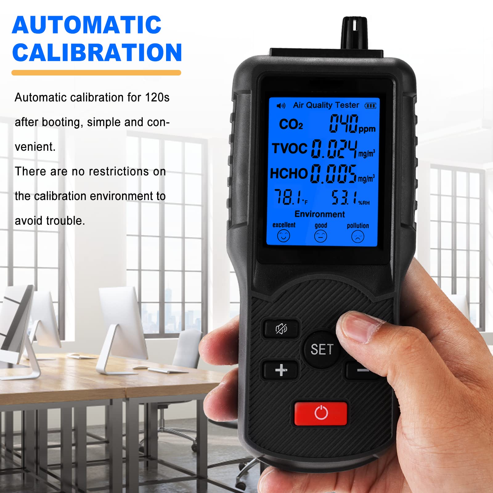5-in-1 Portable Air Quality Monitor - HCHO Detector for Indoor Pollution Testing in Home, Office & Car | Real-Time PM2.5/TVOC/CO2 Detection with Rechargeable Battery & Holder | Perfect for Allergy Sufferers, Baby Rooms & Workplaces